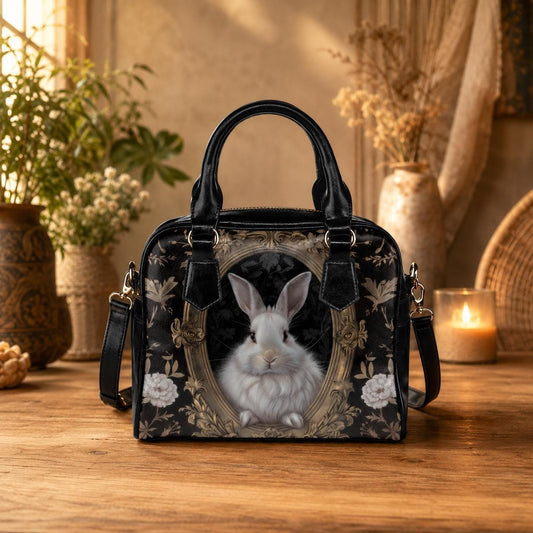 Victorian Rabbit Portrait Satchel, Dark Cottagecore Bunny Handbag, Woodland Floral Accessory