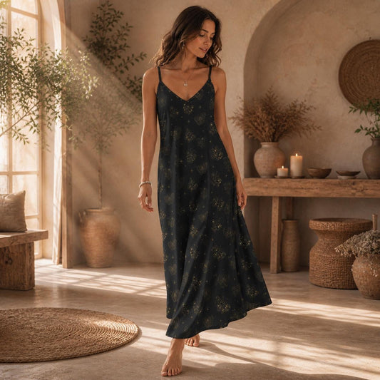 Celestial Butterfly Maxi Dress, Black Moth Slip Sundress, Boho Floral Vacation Outfit