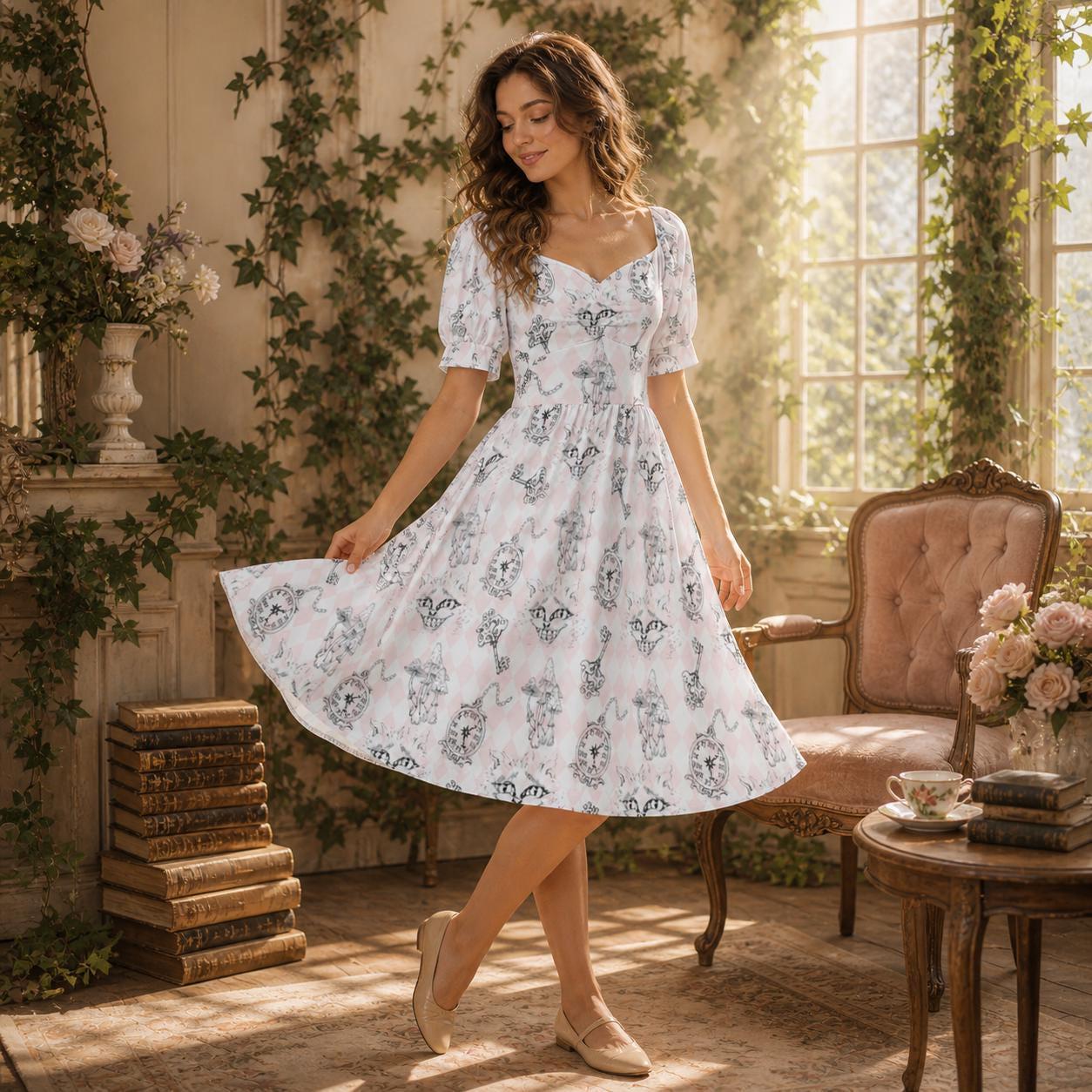 Alice Inspired Midi Dress, Wonderlands Queen of Hearts Tea Party Dress, Storybook Puff Sleeve Fantasy Dress