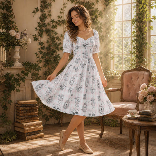 Alice Inspired Midi Dress, Wonderlands Queen of Hearts Tea Party Dress, Storybook Puff Sleeve Fantasy Dress