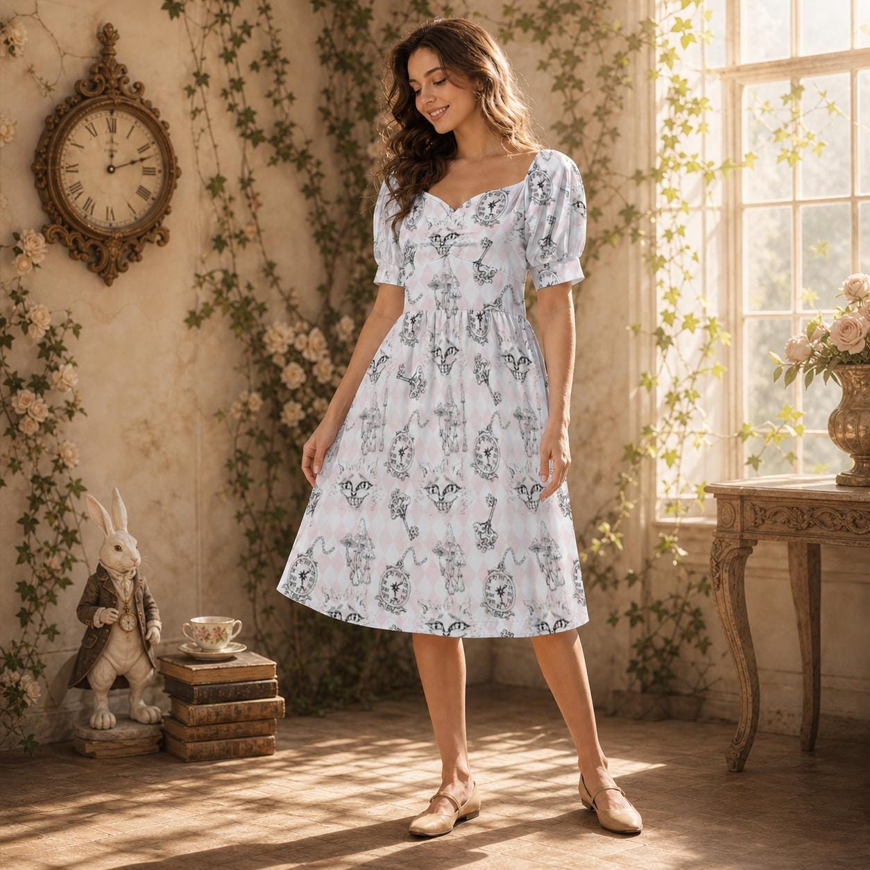 Alice Inspired Midi Dress, Wonderlands Queen of Hearts Tea Party Dress, Storybook Puff Sleeve Fantasy Dress