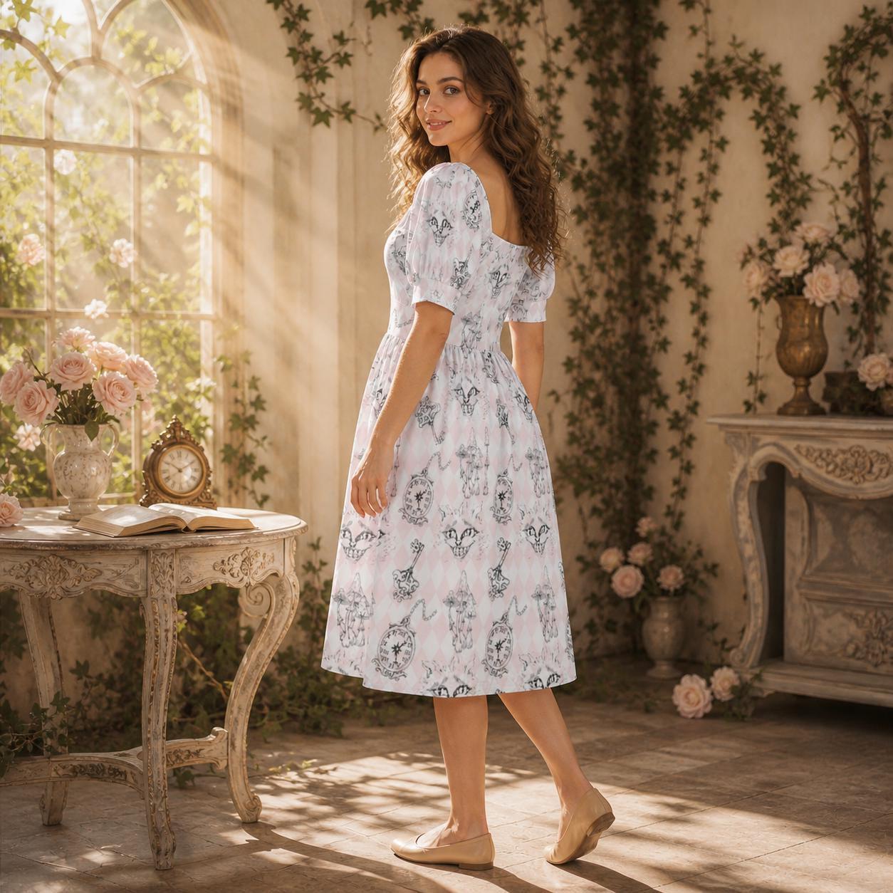 Alice Inspired Midi Dress, Wonderlands Queen of Hearts Tea Party Dress, Storybook Puff Sleeve Fantasy Dress
