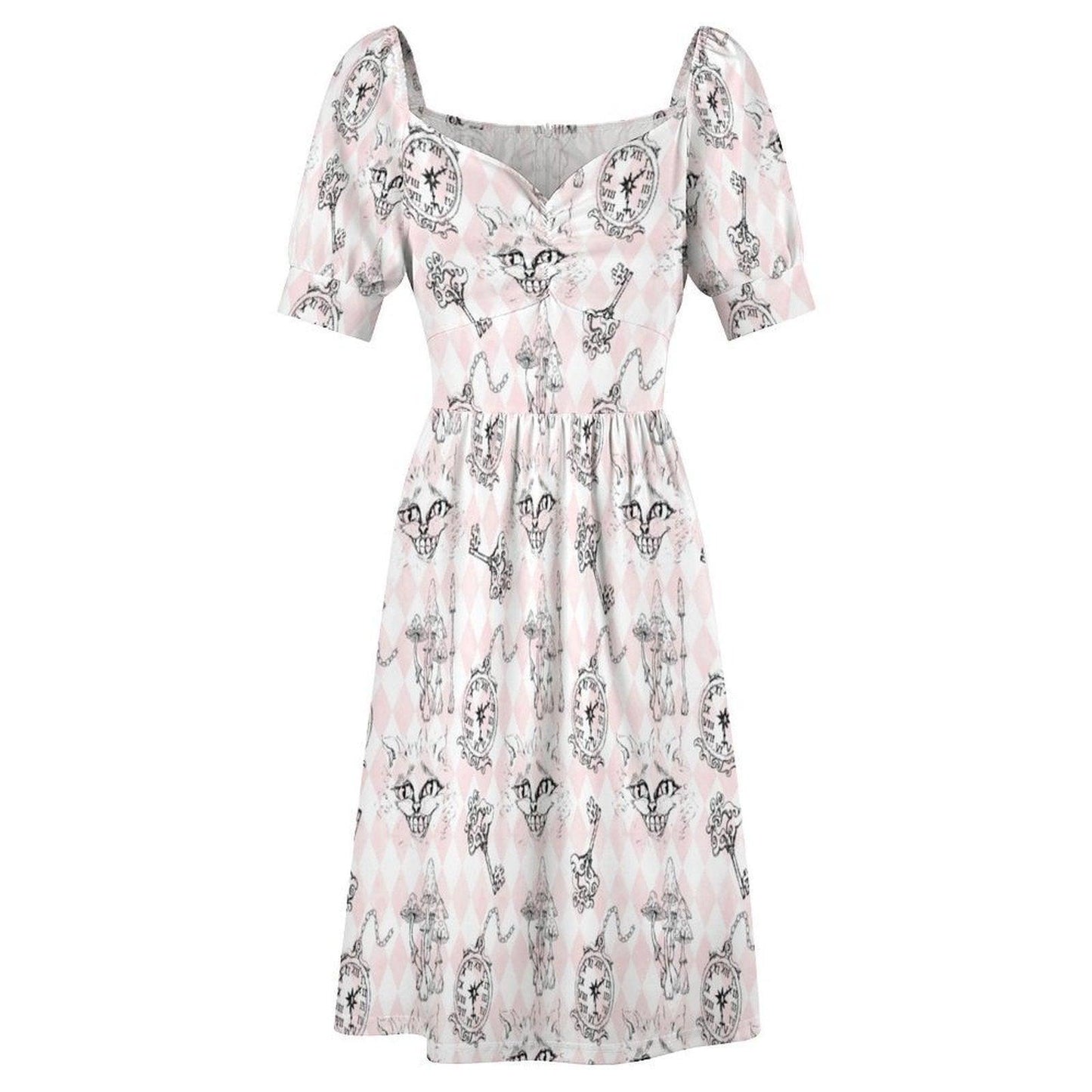 Alice Inspired Midi Dress, Wonderlands Queen of Hearts Tea Party Dress, Storybook Puff Sleeve Fantasy Dress