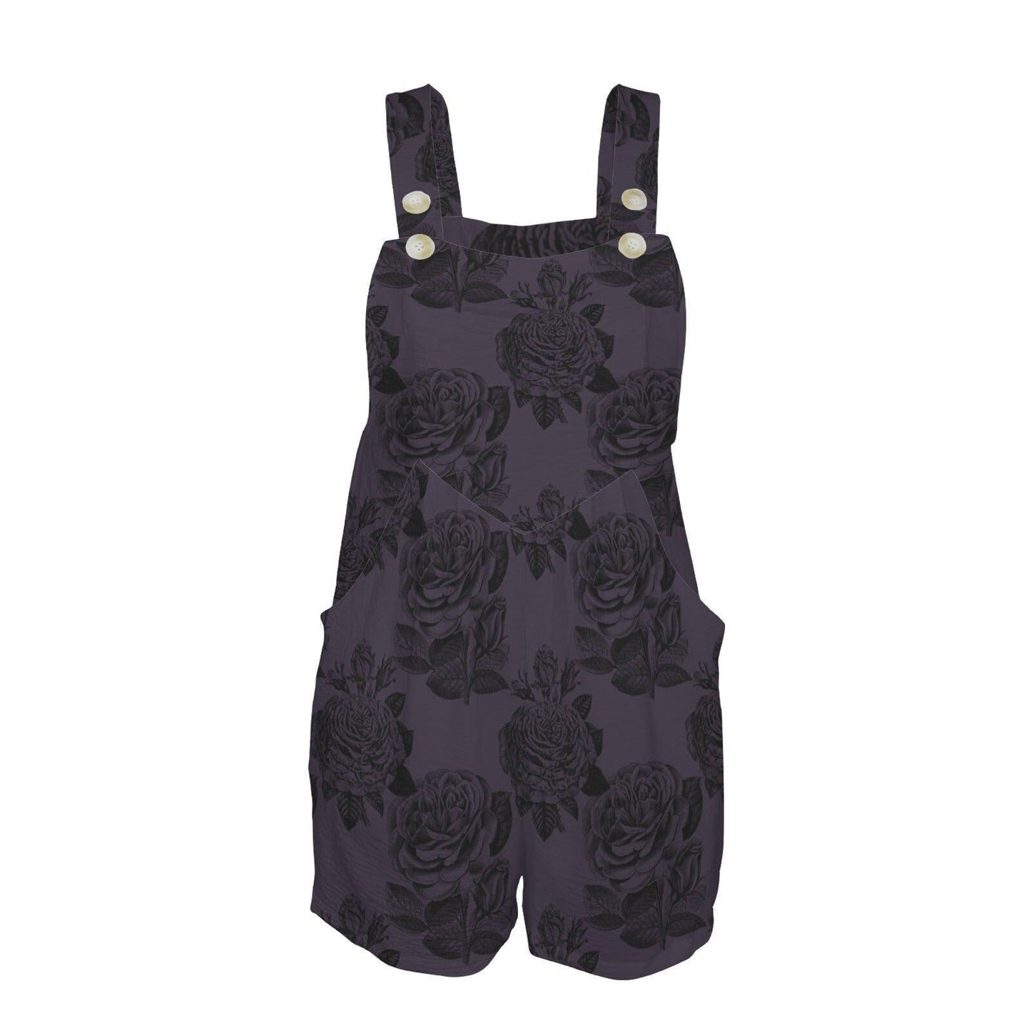 Dark Floral Overall Romper, Black Rose Shortalls, Button Strap Playsuit, Cottagecore Summer Romper