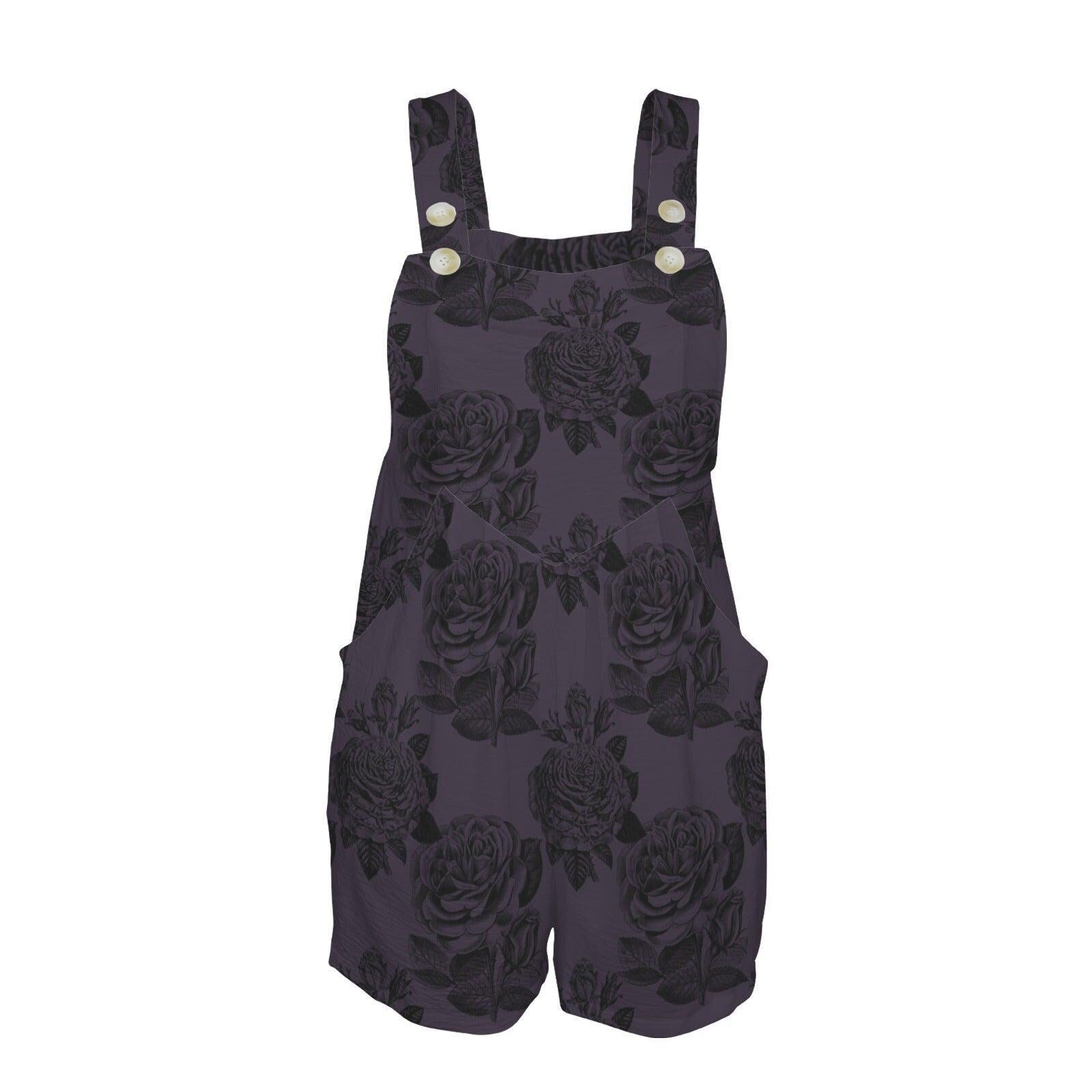 Dark Floral Overall Romper, Black Rose Shortalls, Button Strap Playsuit, Cottagecore Summer Romper