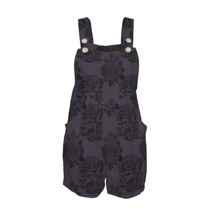 Dark Floral Overall Romper, Black Rose Shortalls, Button Strap Playsuit, Cottagecore Summer Romper