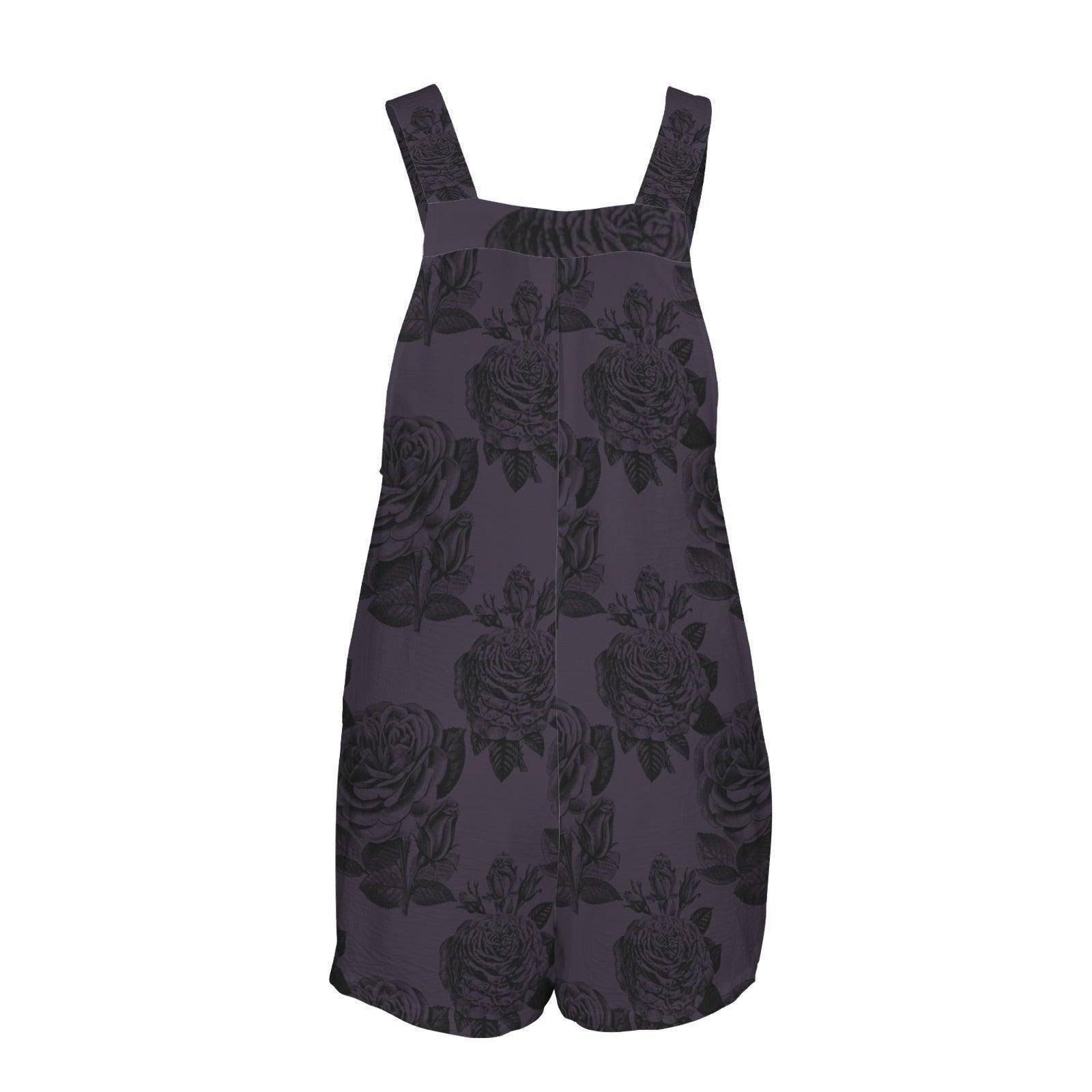 Dark Floral Overall Romper, Black Rose Shortalls, Button Strap Playsuit, Cottagecore Summer Romper