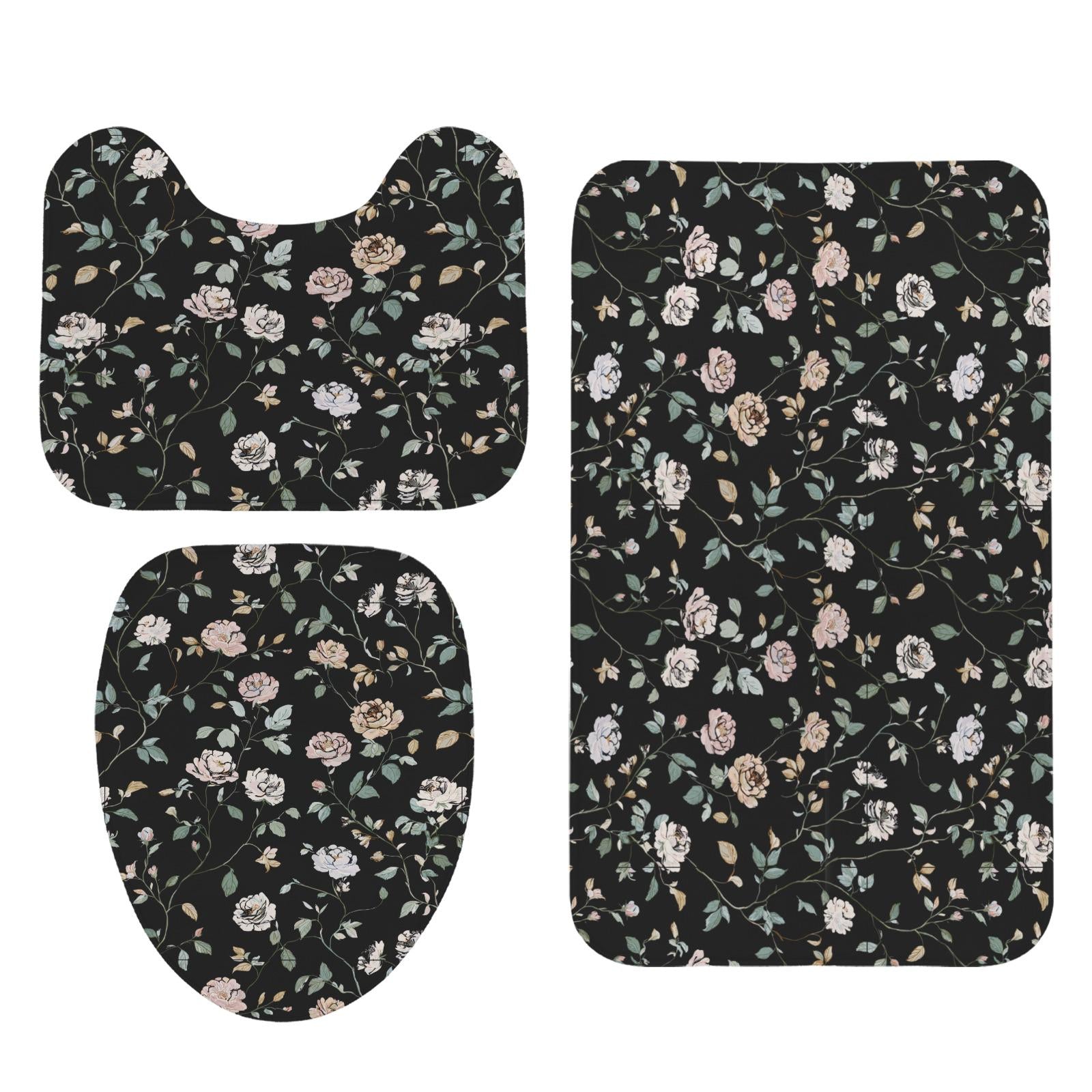 Black Floral Shower Curtain, Vintage Rose Botanical Bath Decor
