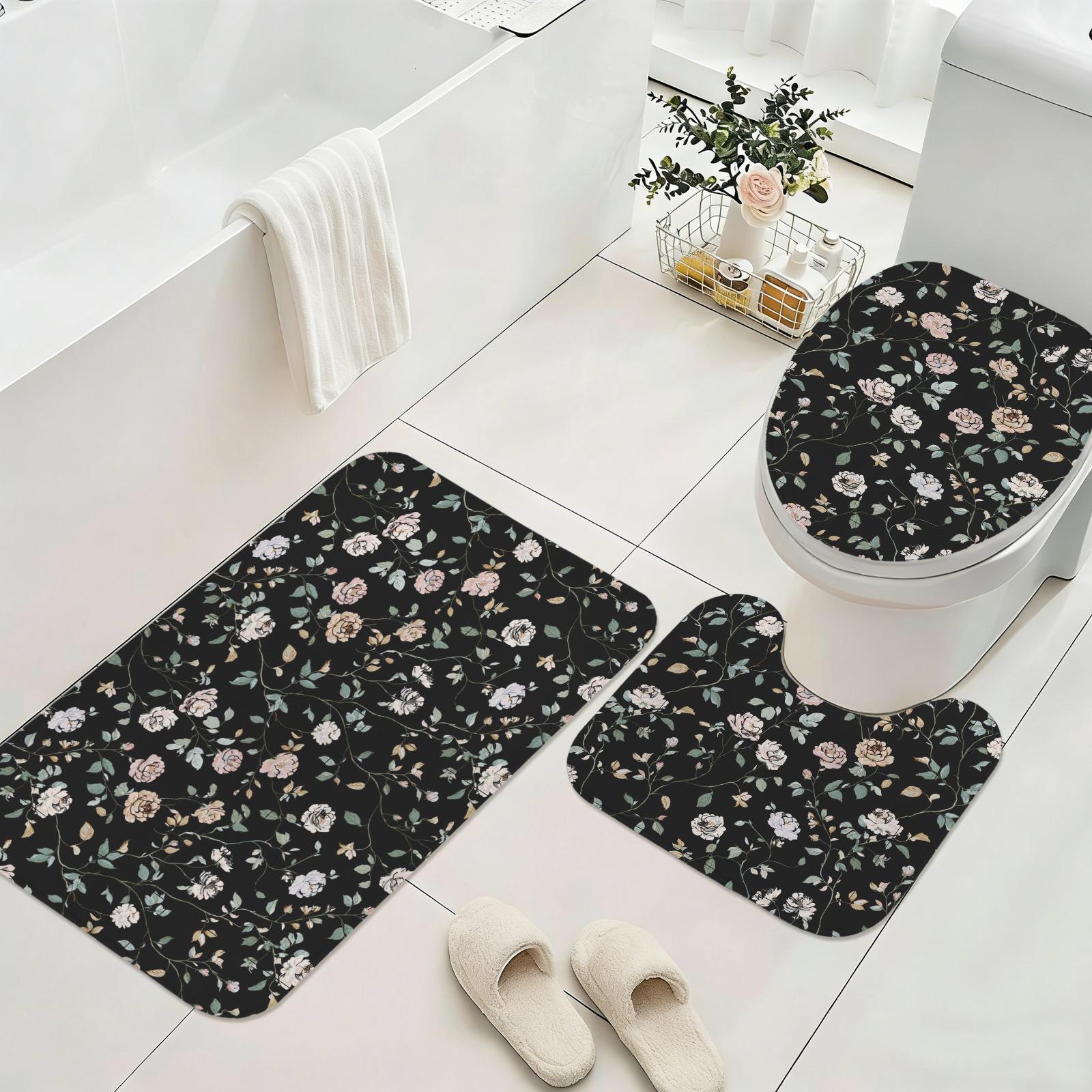 Black Floral Shower Curtain, Vintage Rose Botanical Bath Decor
