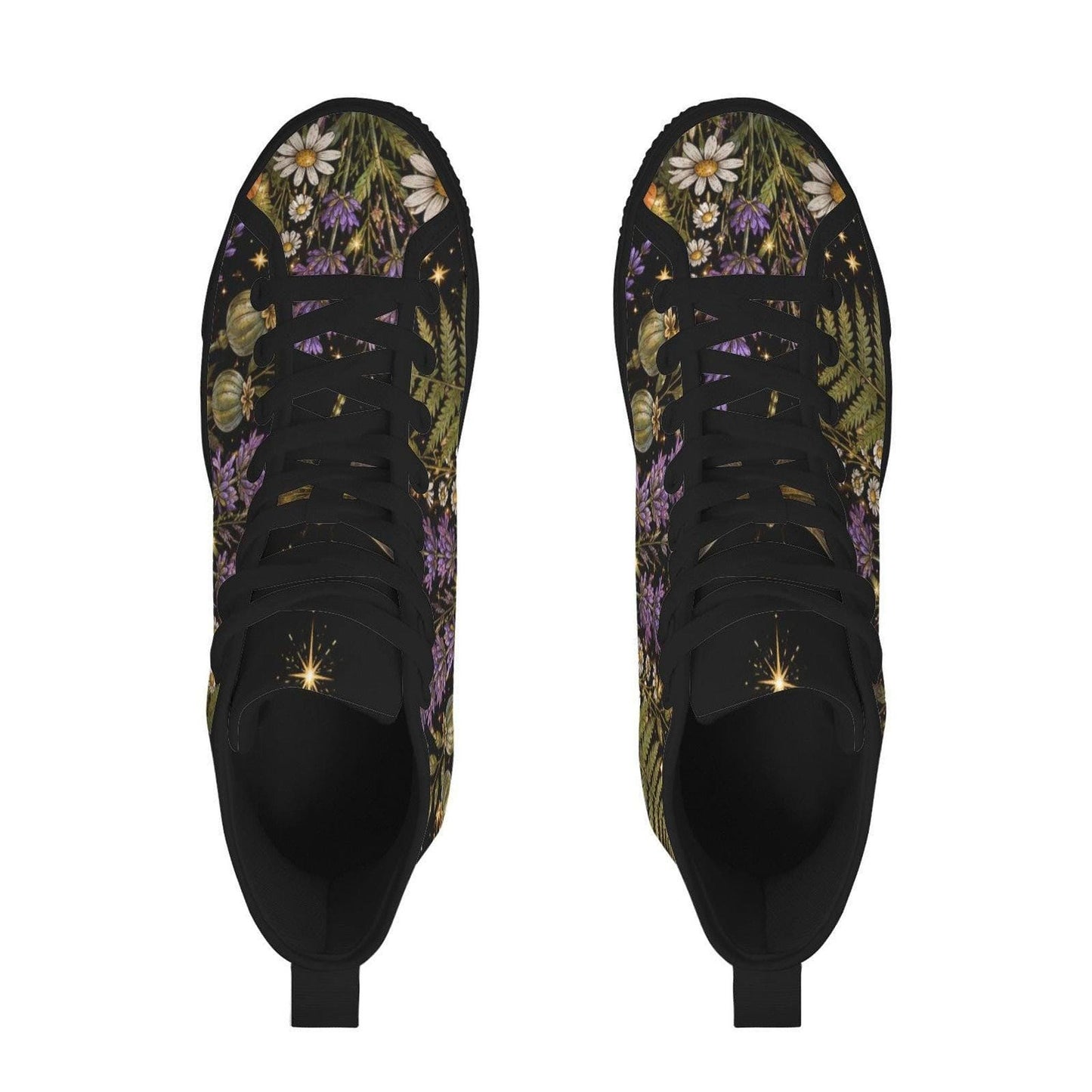 Black Botanical Lavender Floral High Top Sneakers, Cottagecore Wildflower Canvas Shoes
