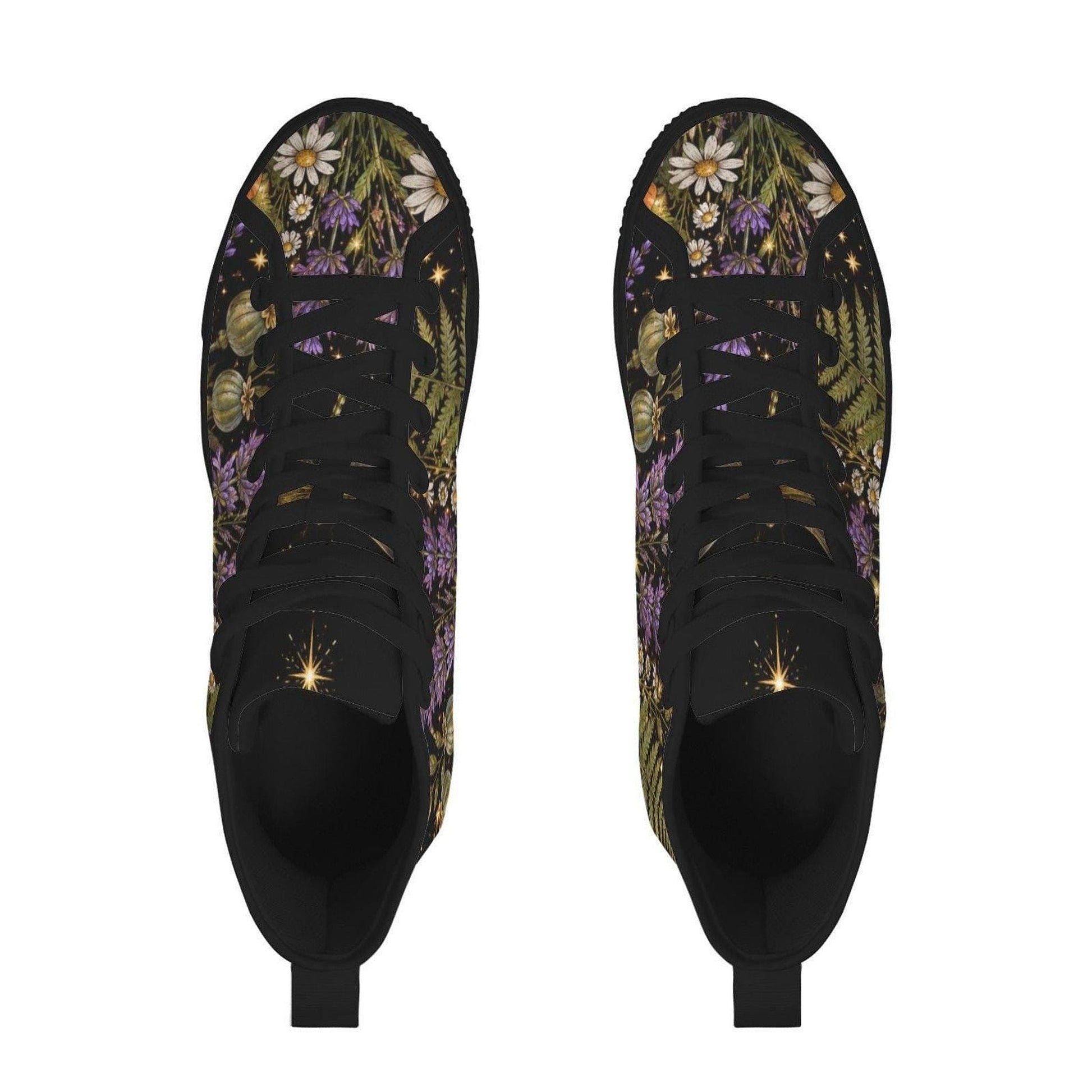Black Botanical Lavender Floral High Top Sneakers, Cottagecore Wildflower Canvas Shoes