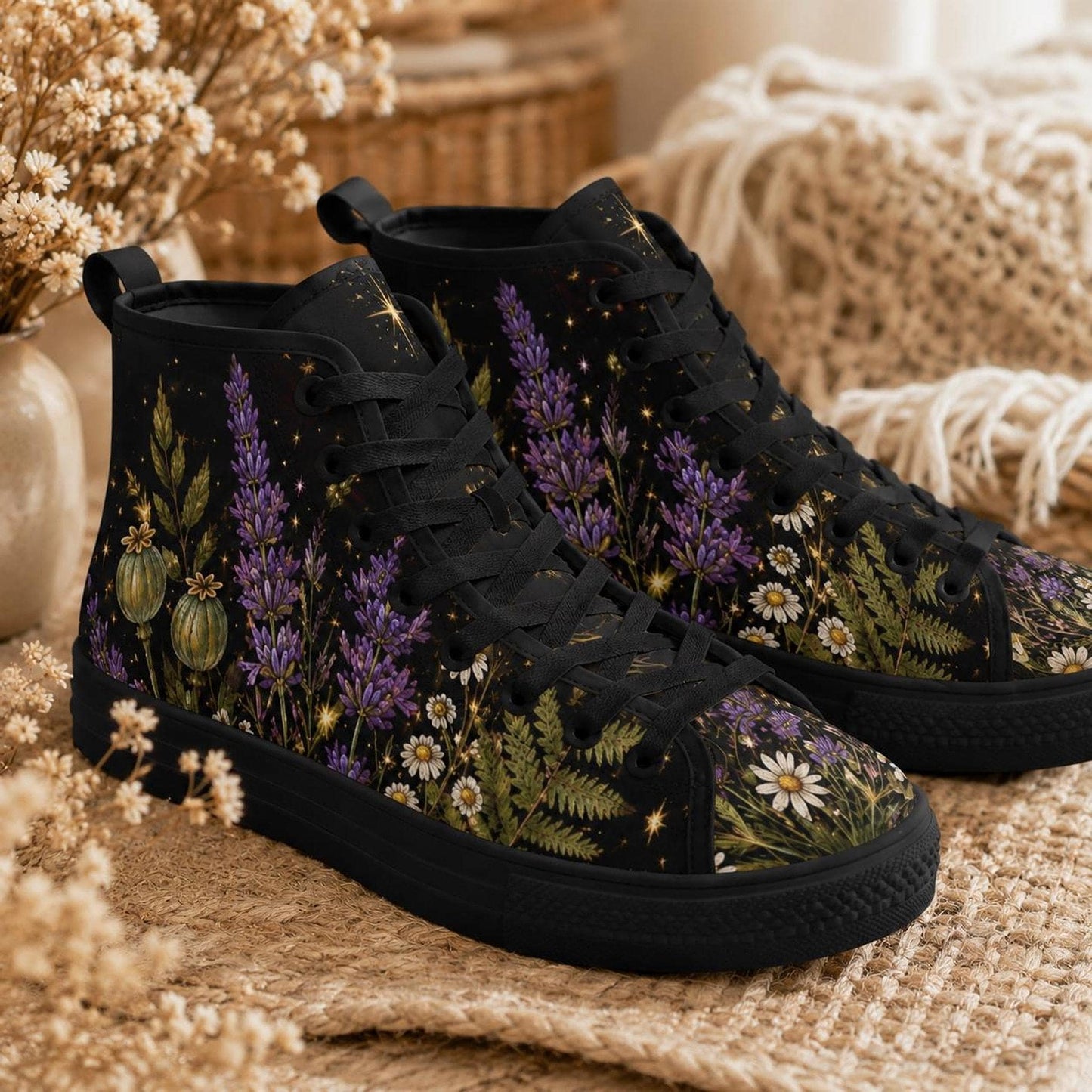 Black Botanical Lavender Floral High Top Sneakers, Cottagecore Wildflower Canvas Shoes