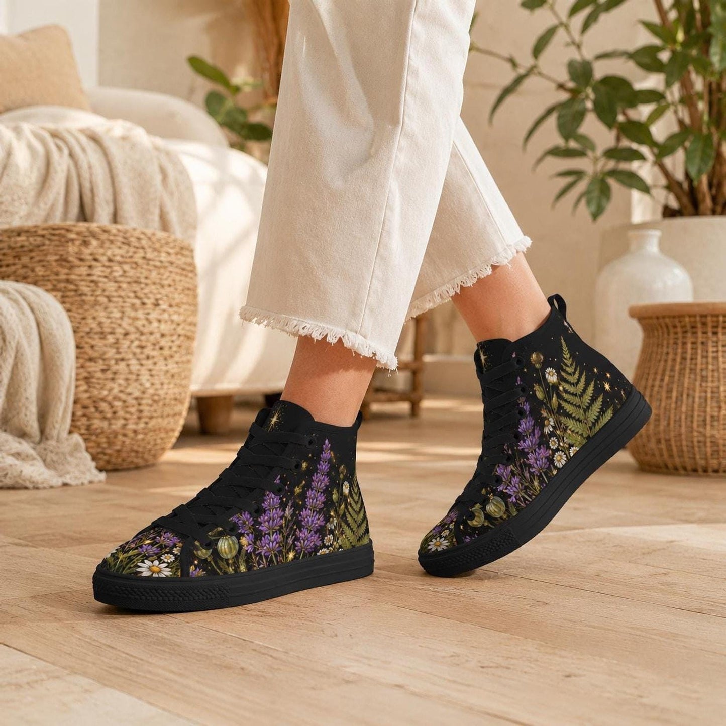Black Botanical Lavender Floral High Top Sneakers, Cottagecore Wildflower Canvas Shoes