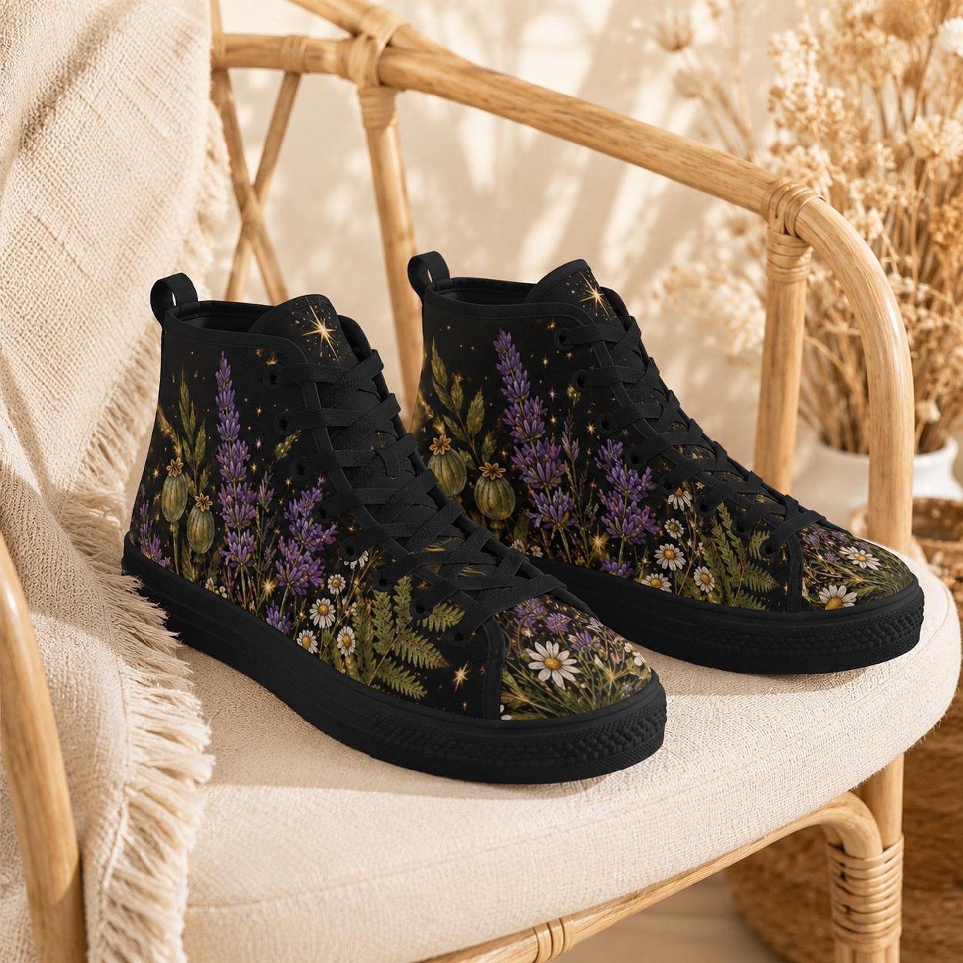 Black Botanical Lavender Floral High Top Sneakers, Cottagecore Wildflower Canvas Shoes