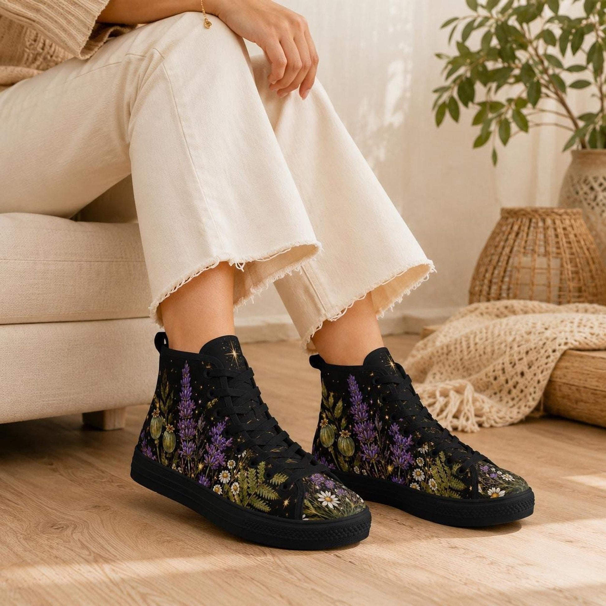 Black Botanical Lavender Floral High Top Sneakers, Cottagecore Wildflower Canvas Shoes