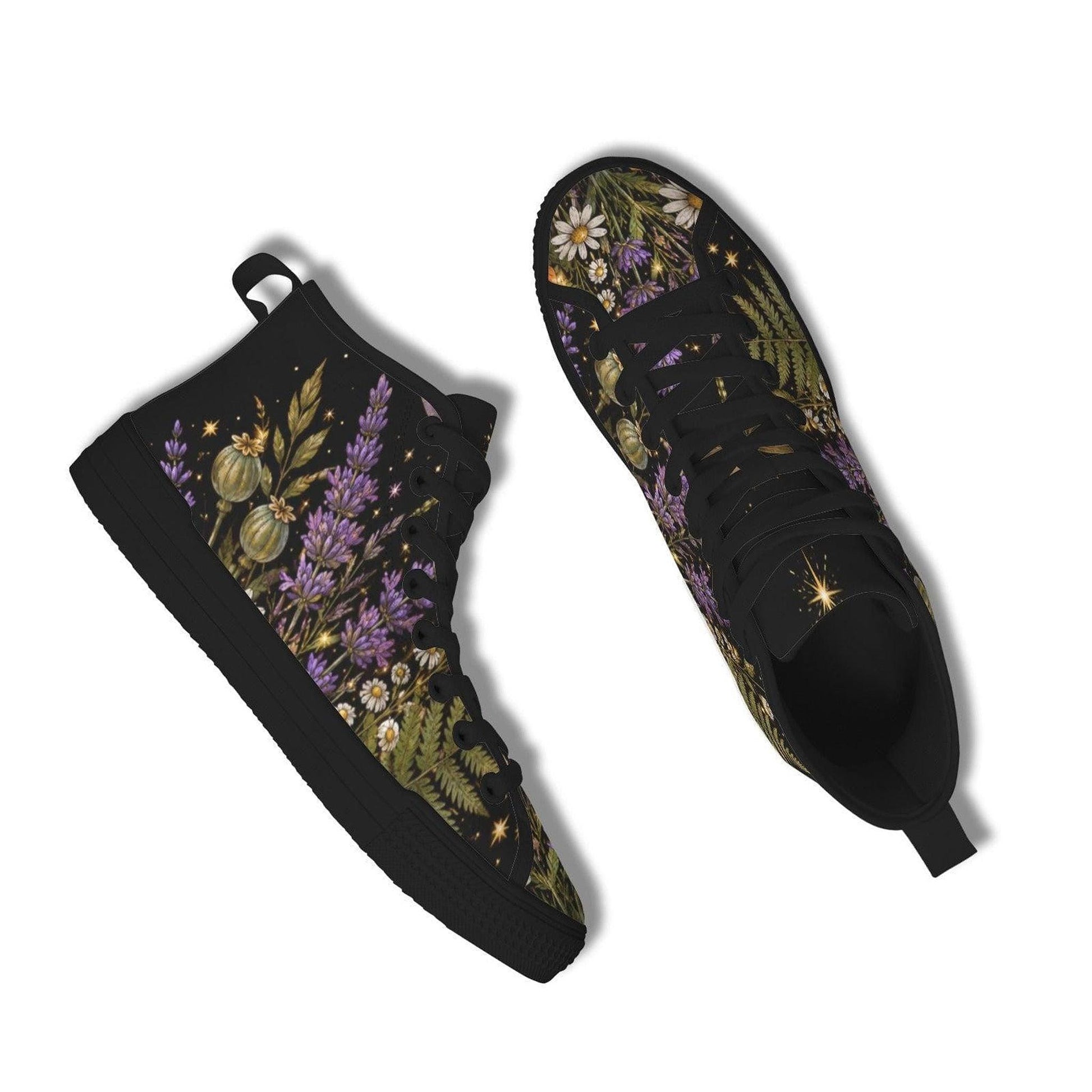 Black Botanical Lavender Floral High Top Sneakers, Cottagecore Wildflower Canvas Shoes