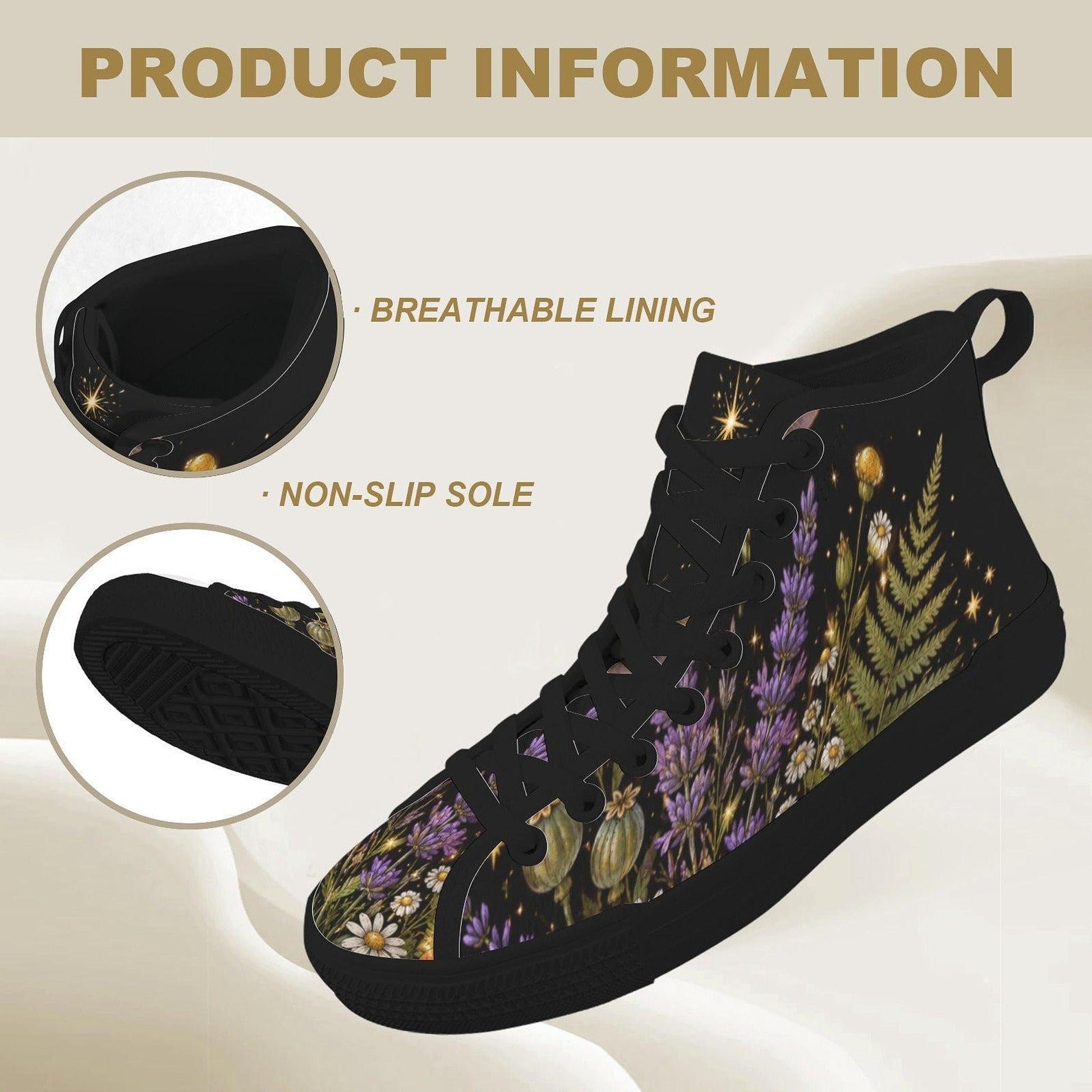 Black Botanical Lavender Floral High Top Sneakers, Cottagecore Wildflower Canvas Shoes
