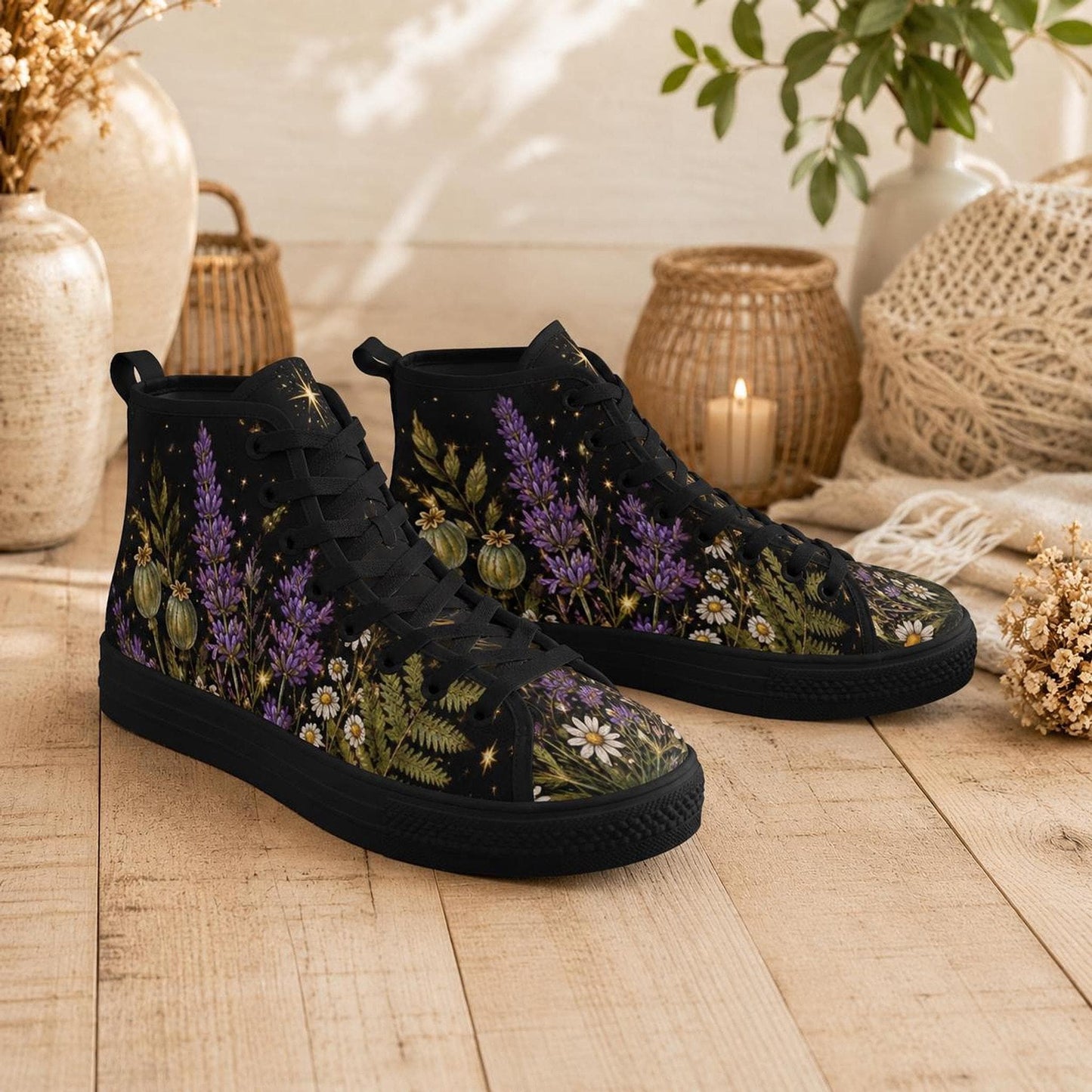 Black Botanical Lavender Floral High Top Sneakers, Cottagecore Wildflower Canvas Shoes