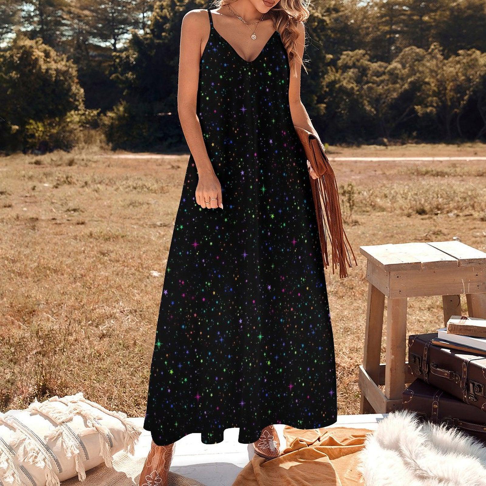 Black Rainbow Star Maxi Dress, Galaxy Print Celestial Sundress, Festival Concert Wear