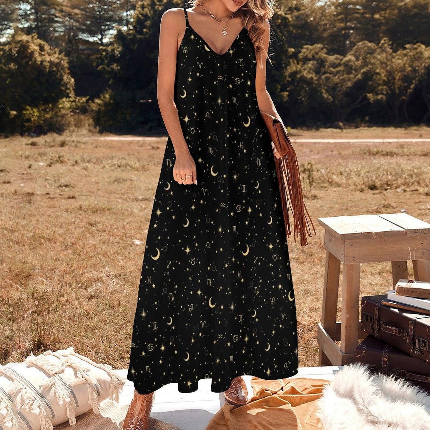 Black Celestial Maxi Dress, Zodiac Moon Star Whimsigoth Sundress