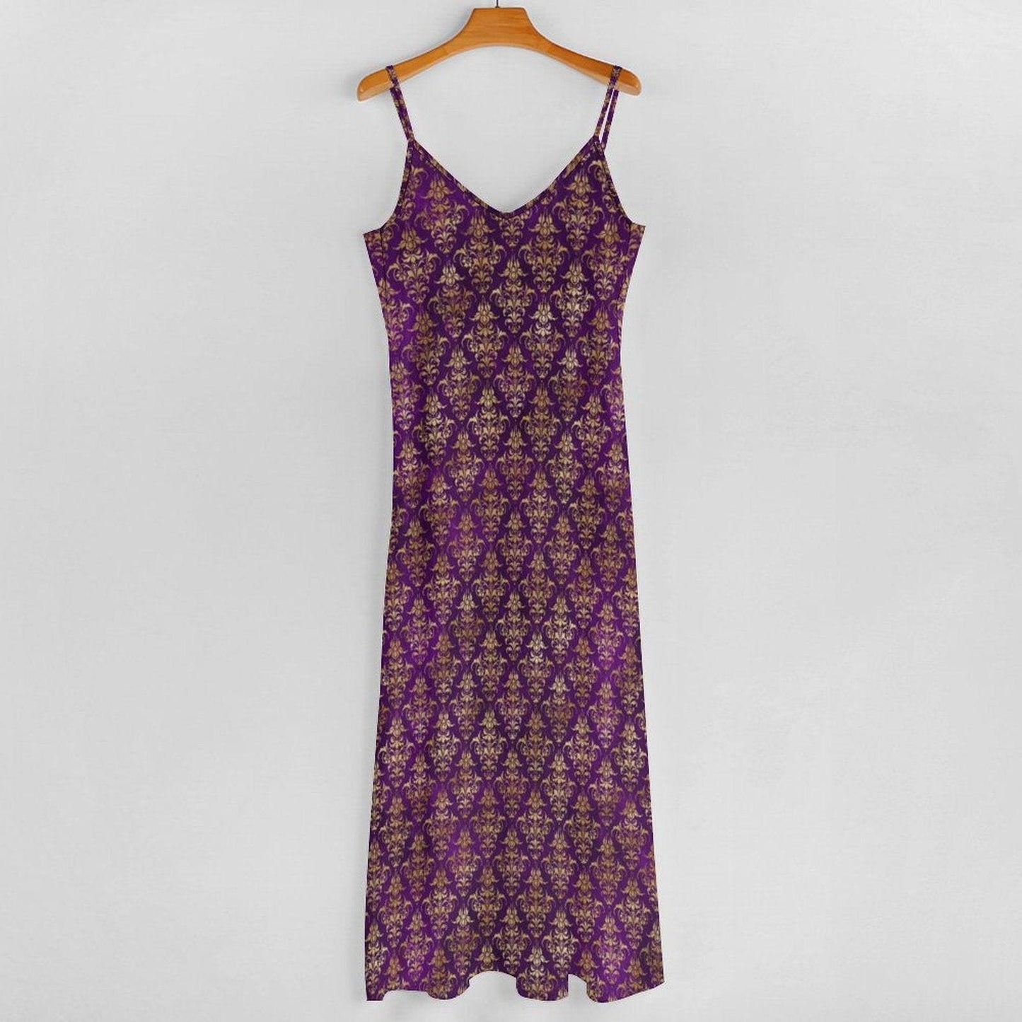 Purple Damask Maxi Dress, Royal Gold Baroque Print, Mardi Gras Festival Sundress