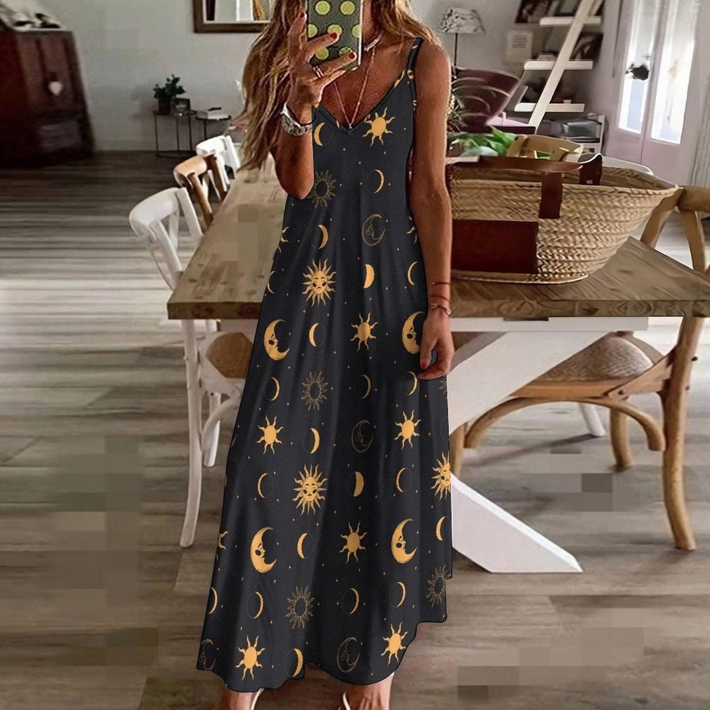 Black Gold Celestial Maxi Dress, Sun Moon Boho Sundress, Flowy Festival Beach Style