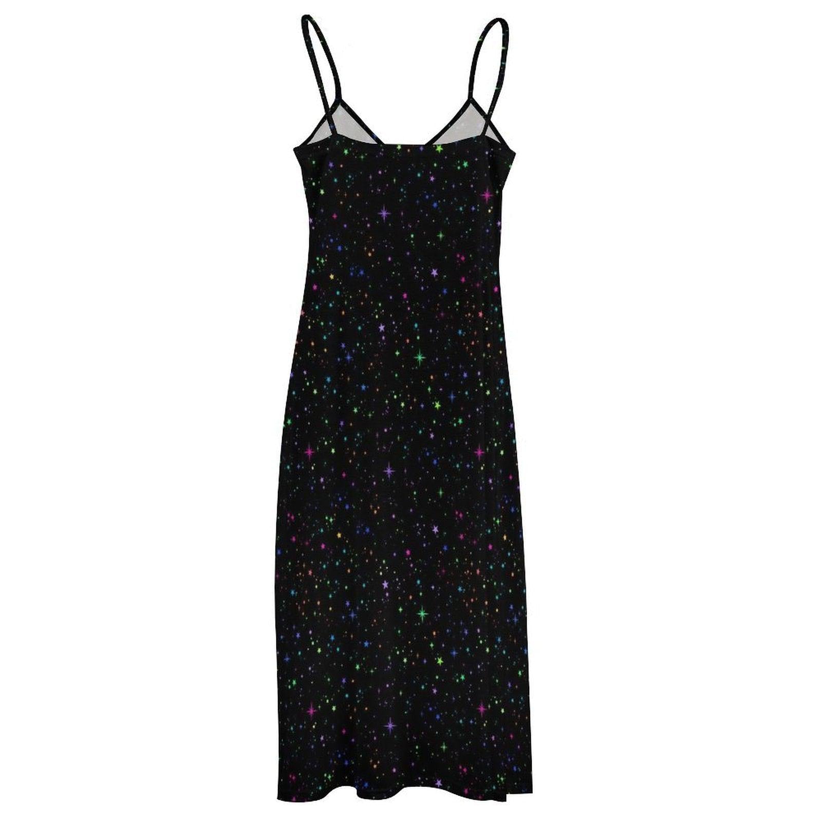 Black Rainbow Star Maxi Dress, Galaxy Print Celestial Sundress, Festival Concert Wear