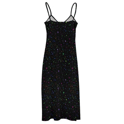 Black Rainbow Star Maxi Dress, Galaxy Print Celestial Sundress, Festival Concert Wear