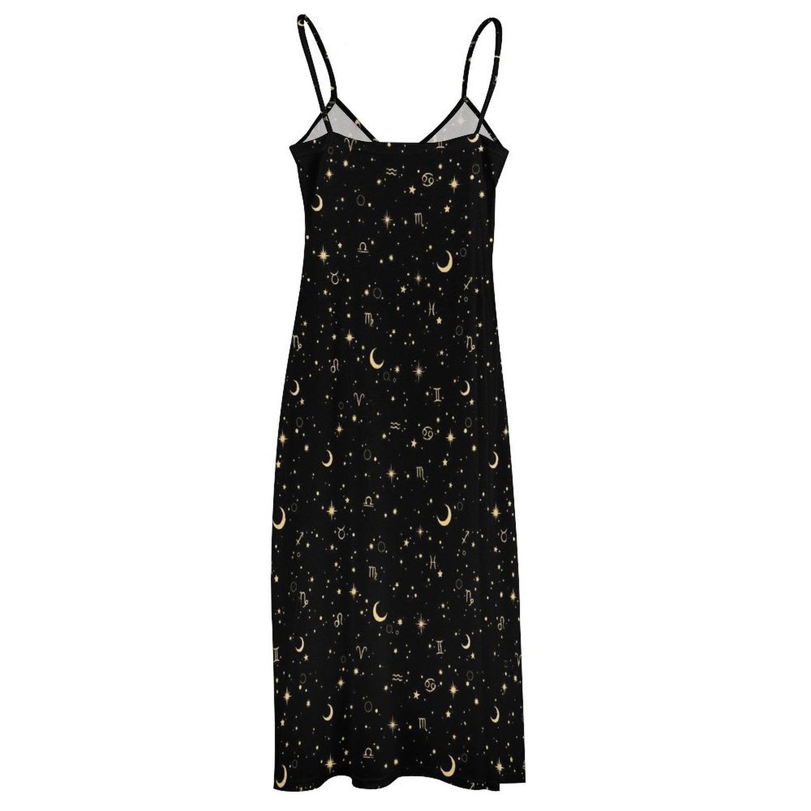 Black Celestial Maxi Dress, Zodiac Moon Star Whimsigoth Sundress