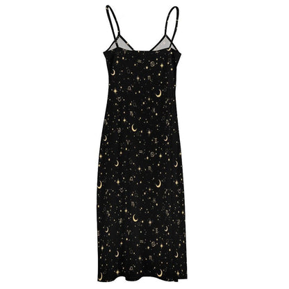 Black Celestial Maxi Dress, Zodiac Moon Star Whimsigoth Sundress