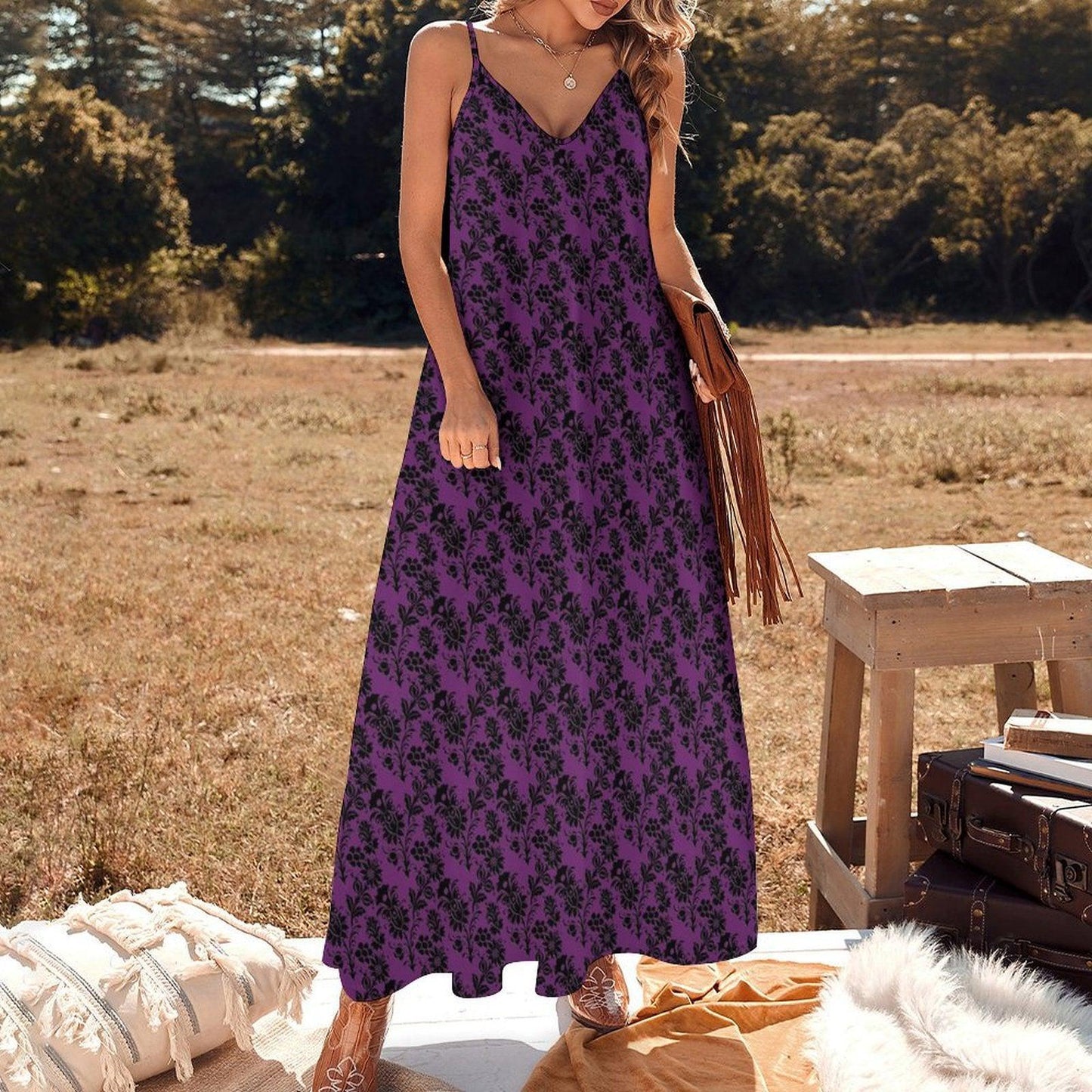 Gothic Maxi Dress, Purple Black Baroque Floral, Victorian Spaghetti Strap Sundress
