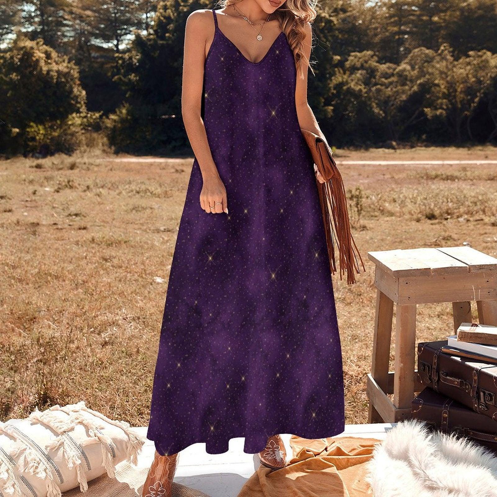 Purple Galaxy Celestial Maxi Dress, Witchy Cosmic Star Print Sundress