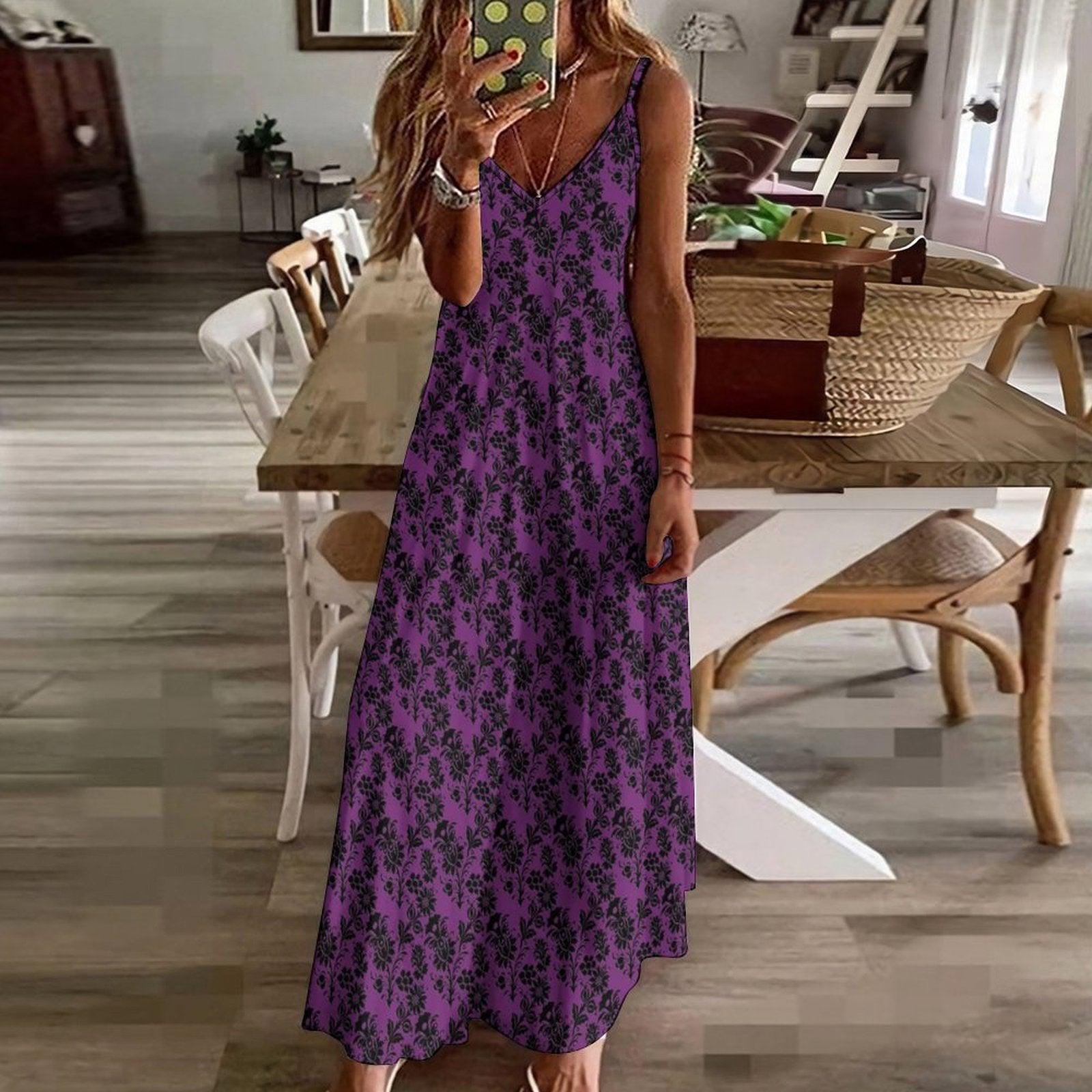 Gothic Maxi Dress, Purple Black Baroque Floral, Victorian Spaghetti Strap Sundress