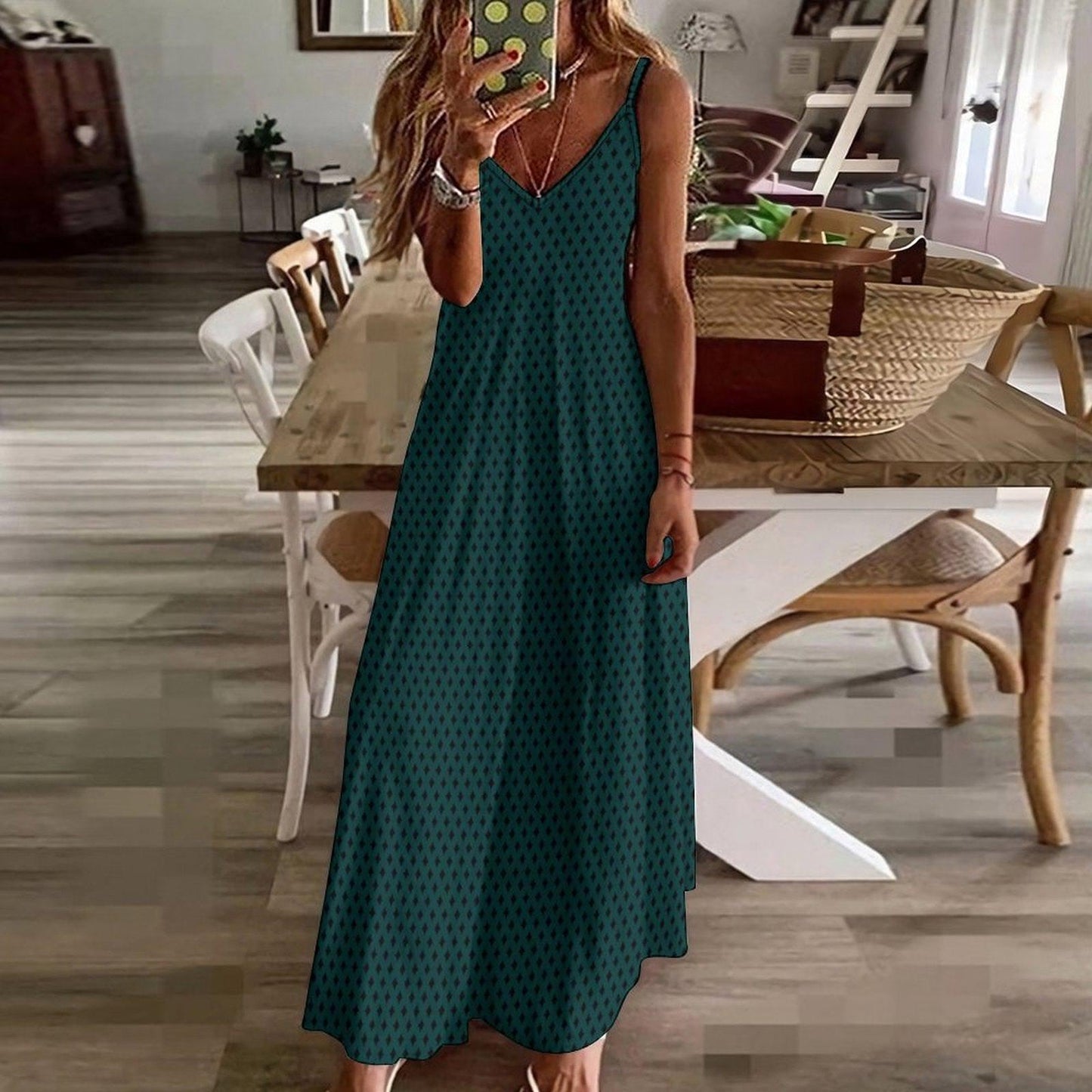 Emerald Green Diamond Print Boho Maxi Dress, Flowy V Neck Sundress