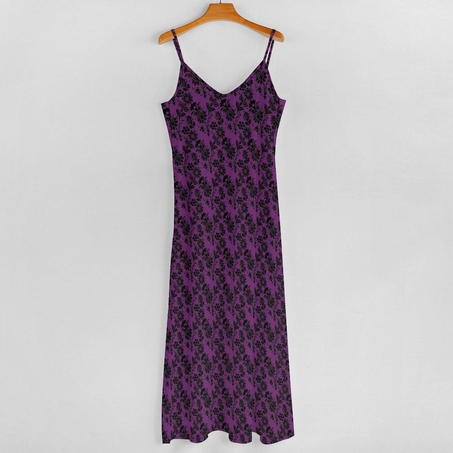 Gothic Maxi Dress, Purple Black Baroque Floral, Victorian Spaghetti Strap Sundress