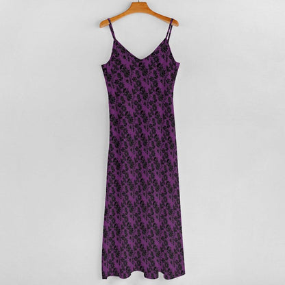 Gothic Maxi Dress, Purple Black Baroque Floral, Victorian Spaghetti Strap Sundress