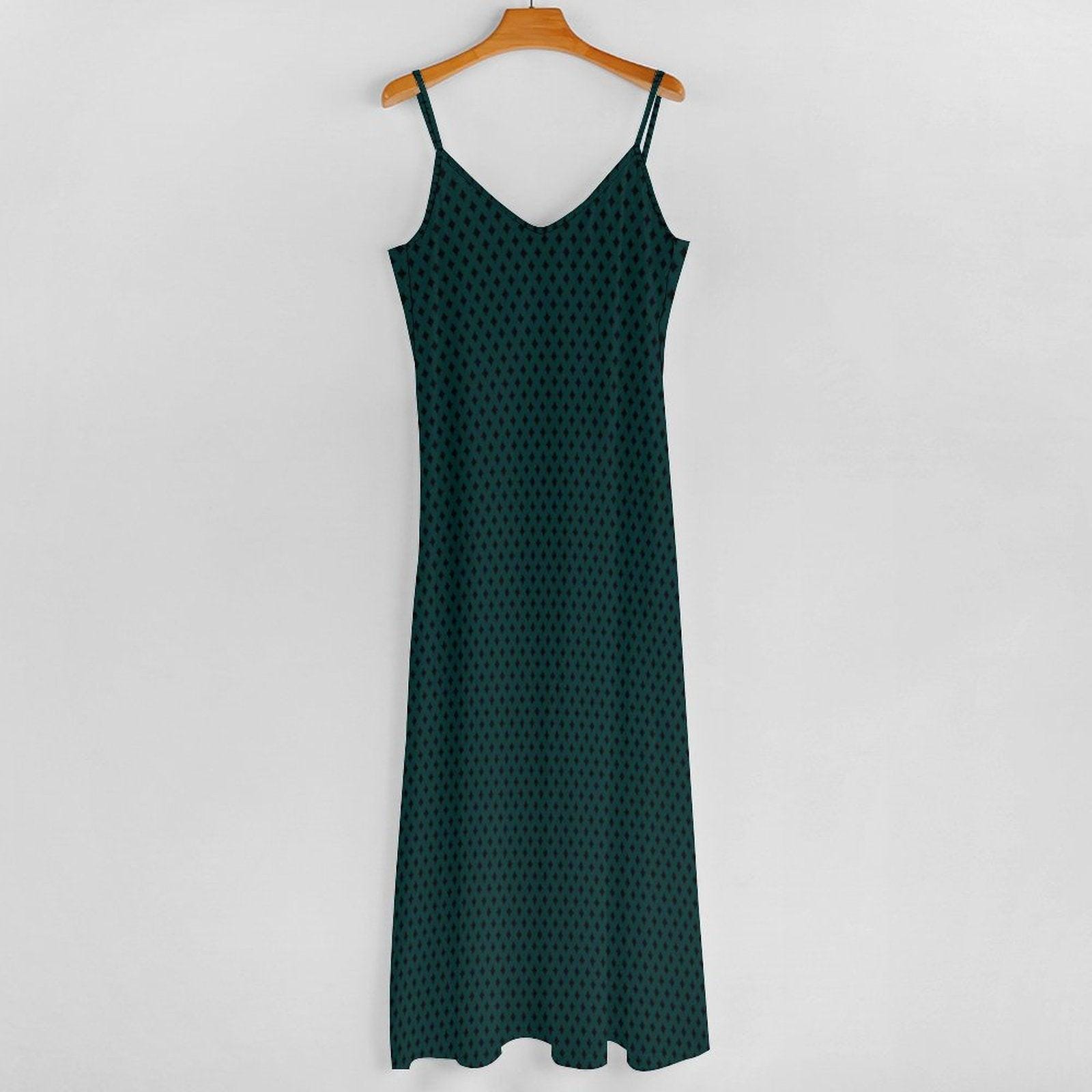 Emerald Green Diamond Print Boho Maxi Dress, Flowy V Neck Sundress