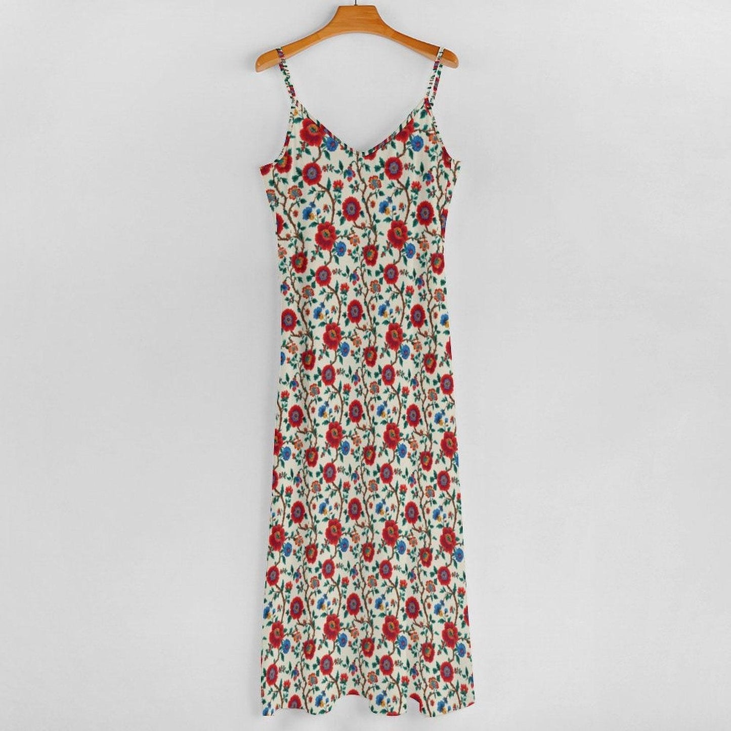 Cream and Red Poppy Floral Print Maxi Dress with Spaghetti Straps