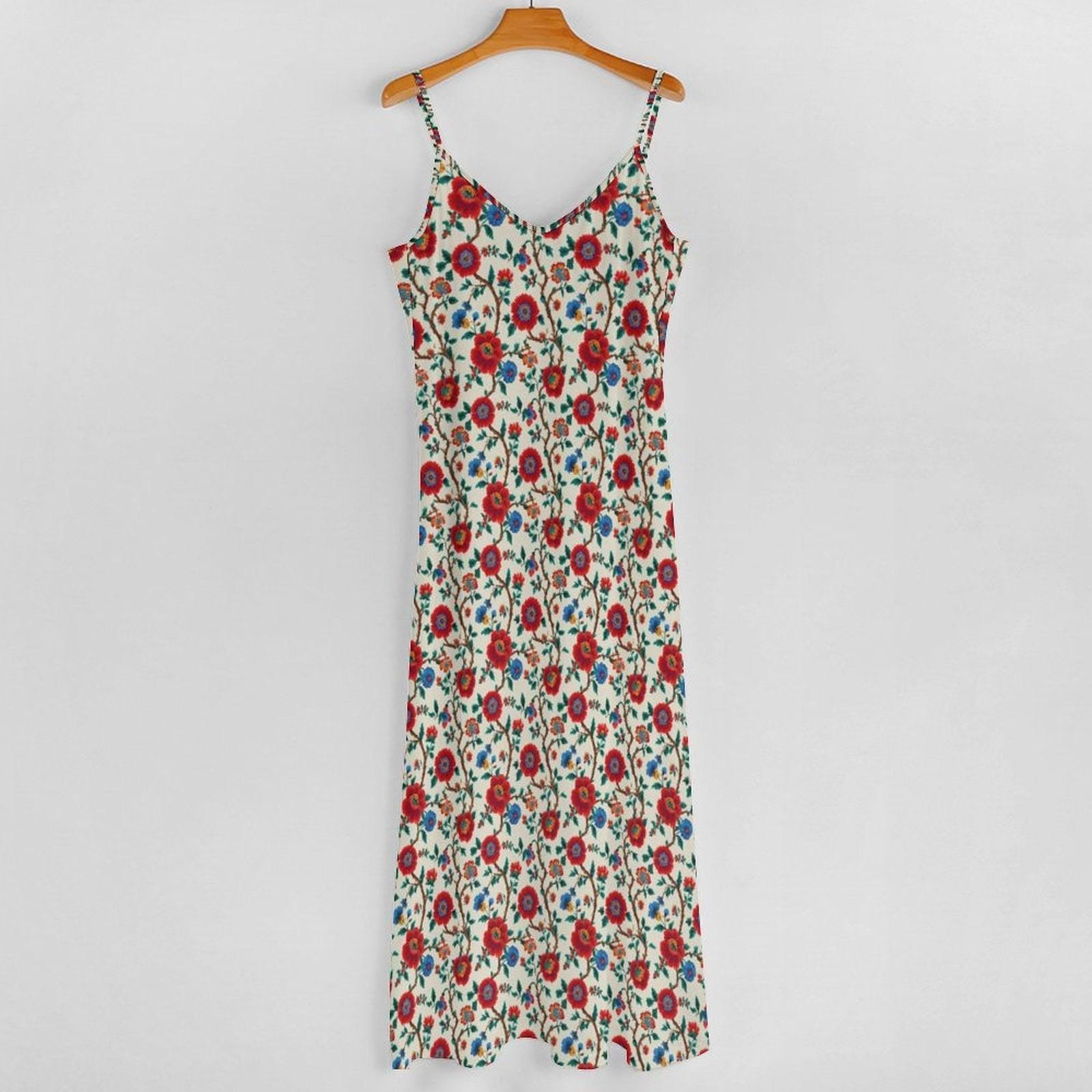Cream and Red Poppy Floral Print Maxi Dress with Spaghetti Straps