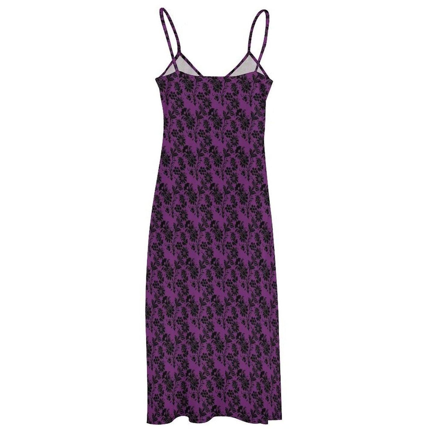 Gothic Maxi Dress, Purple Black Baroque Floral, Victorian Spaghetti Strap Sundress