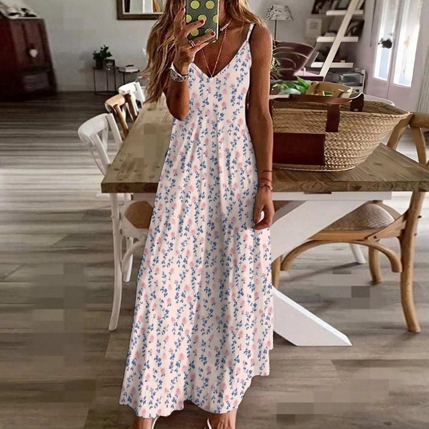 Cream Ditsy Floral Maxi Dress, Pink Blue Blossoms, Cottagecore Cami Sundress, Garden Wedding Picnic