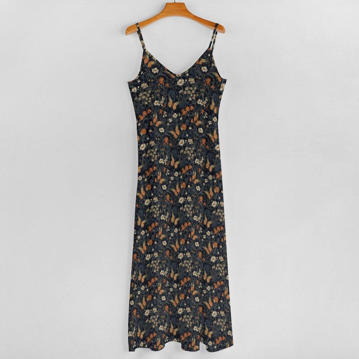Navy Wildflower and Butterfly Print Maxi Dress with Spaghetti Straps
