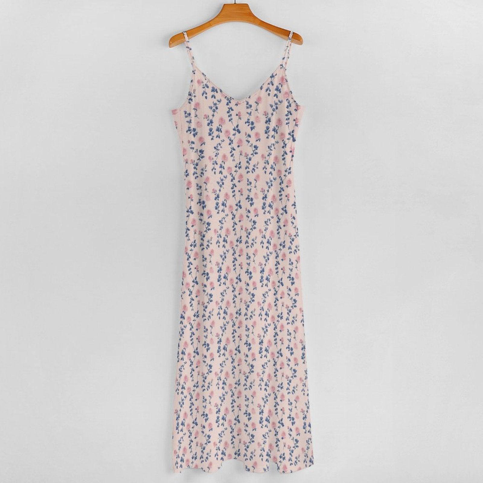 Cream Ditsy Floral Maxi Dress, Pink Blue Blossoms, Cottagecore Cami Sundress, Garden Wedding Picnic