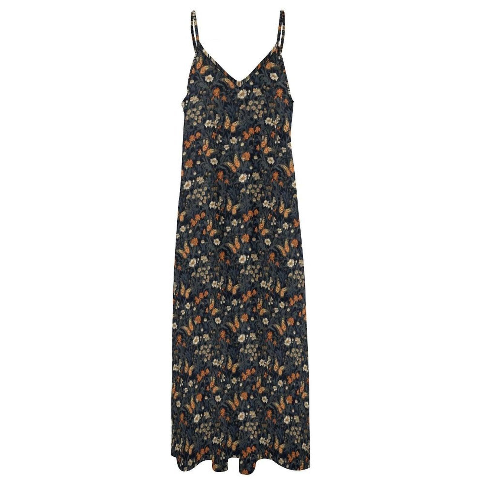 Navy Wildflower and Butterfly Print Maxi Dress with Spaghetti Straps