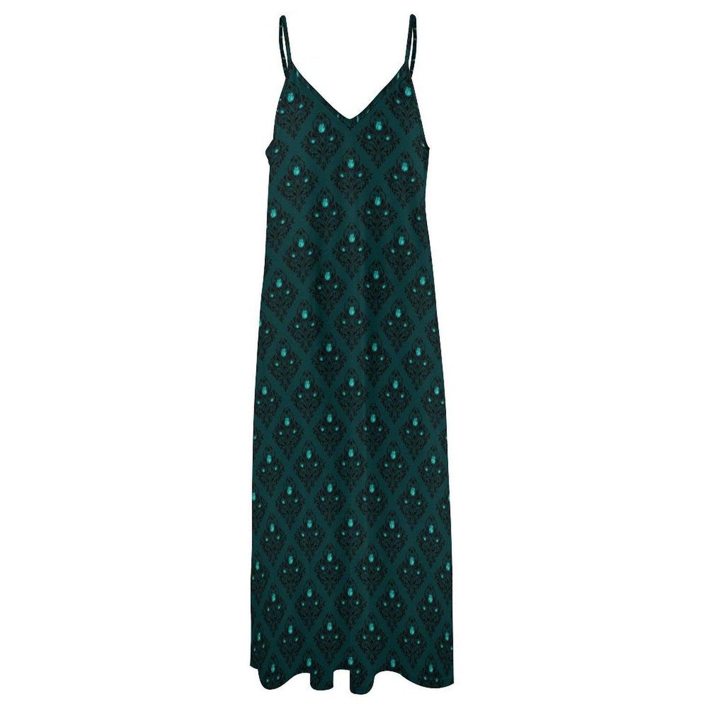Whimsigoth Teal Damask Maxi Dress, Dark Feminine V Neck Slip Sundress