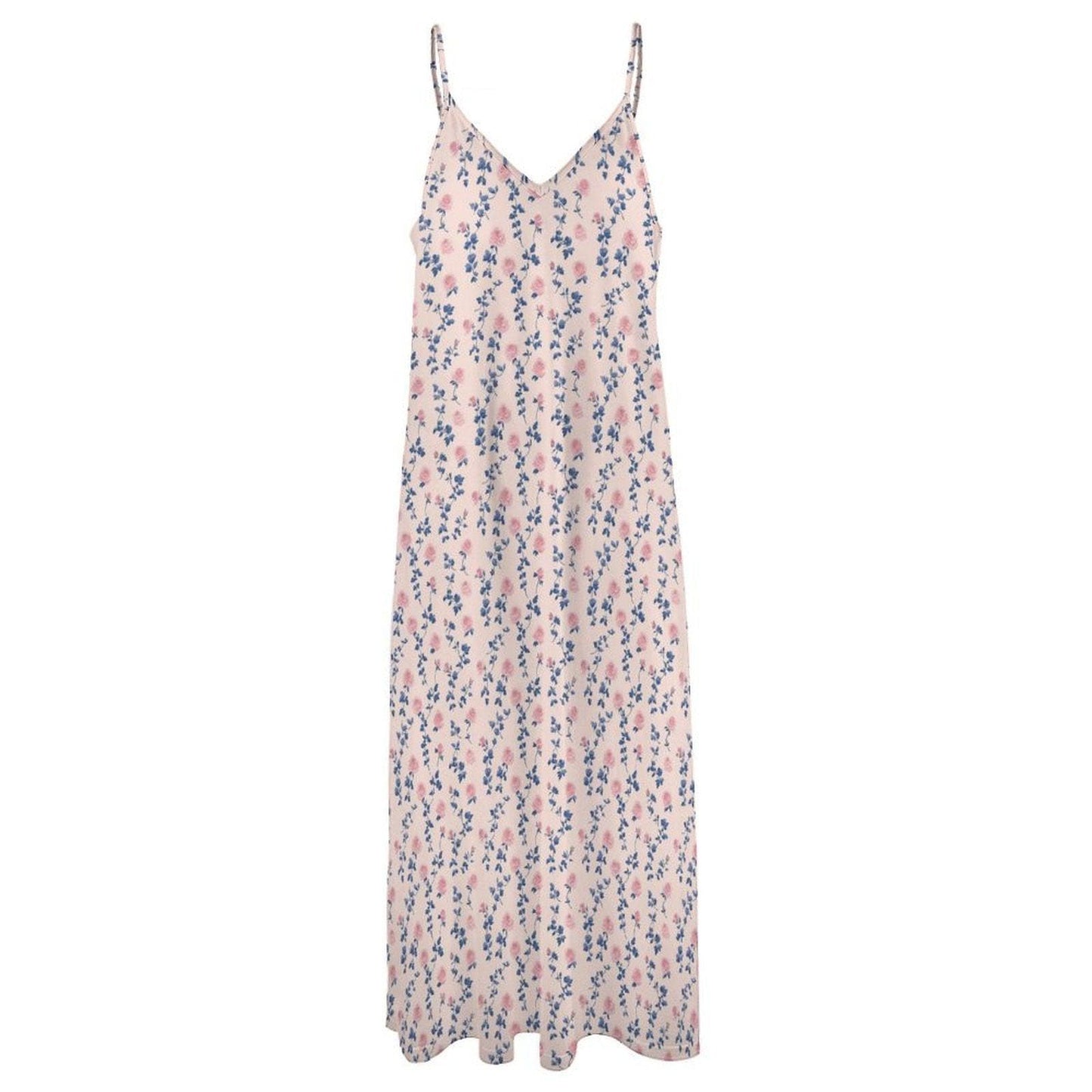 Cream Ditsy Floral Maxi Dress, Pink Blue Blossoms, Cottagecore Cami Sundress, Garden Wedding Picnic
