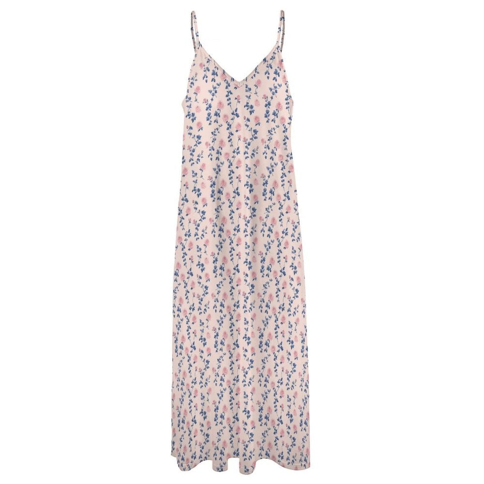 Cream Ditsy Floral Maxi Dress, Pink Blue Blossoms, Cottagecore Cami Sundress, Garden Wedding Picnic