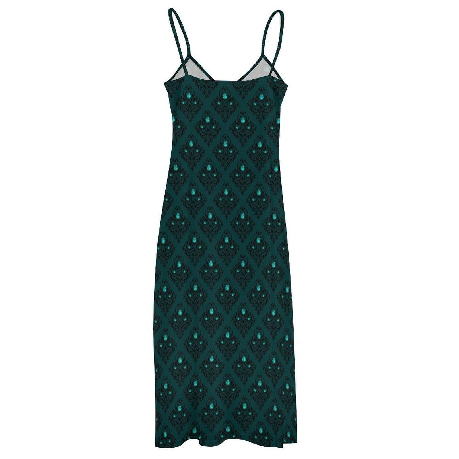 Whimsigoth Teal Damask Maxi Dress, Dark Feminine V Neck Slip Sundress