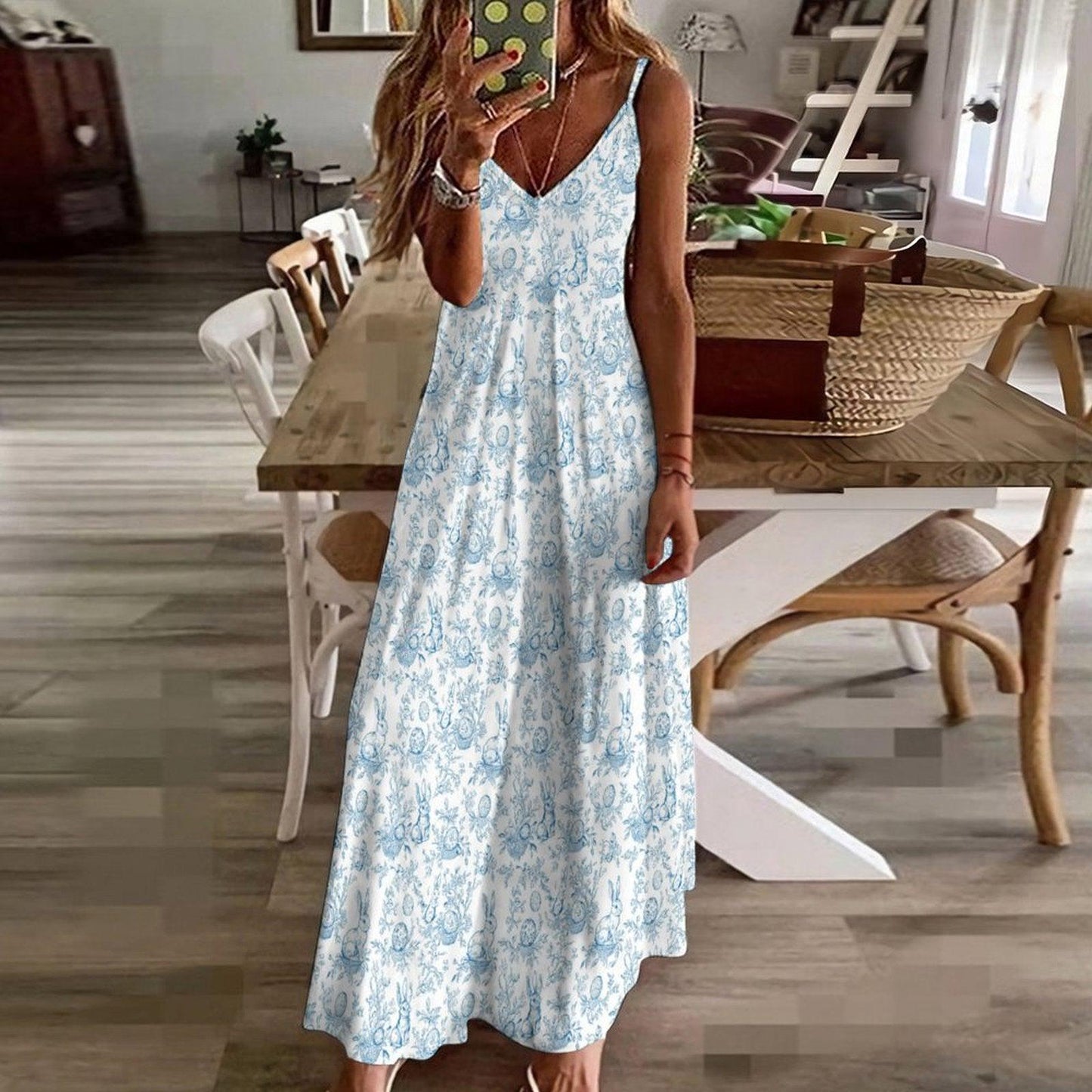Blue Toile Bunny Print Maxi Dress, Grandmillennial Easter Sundress