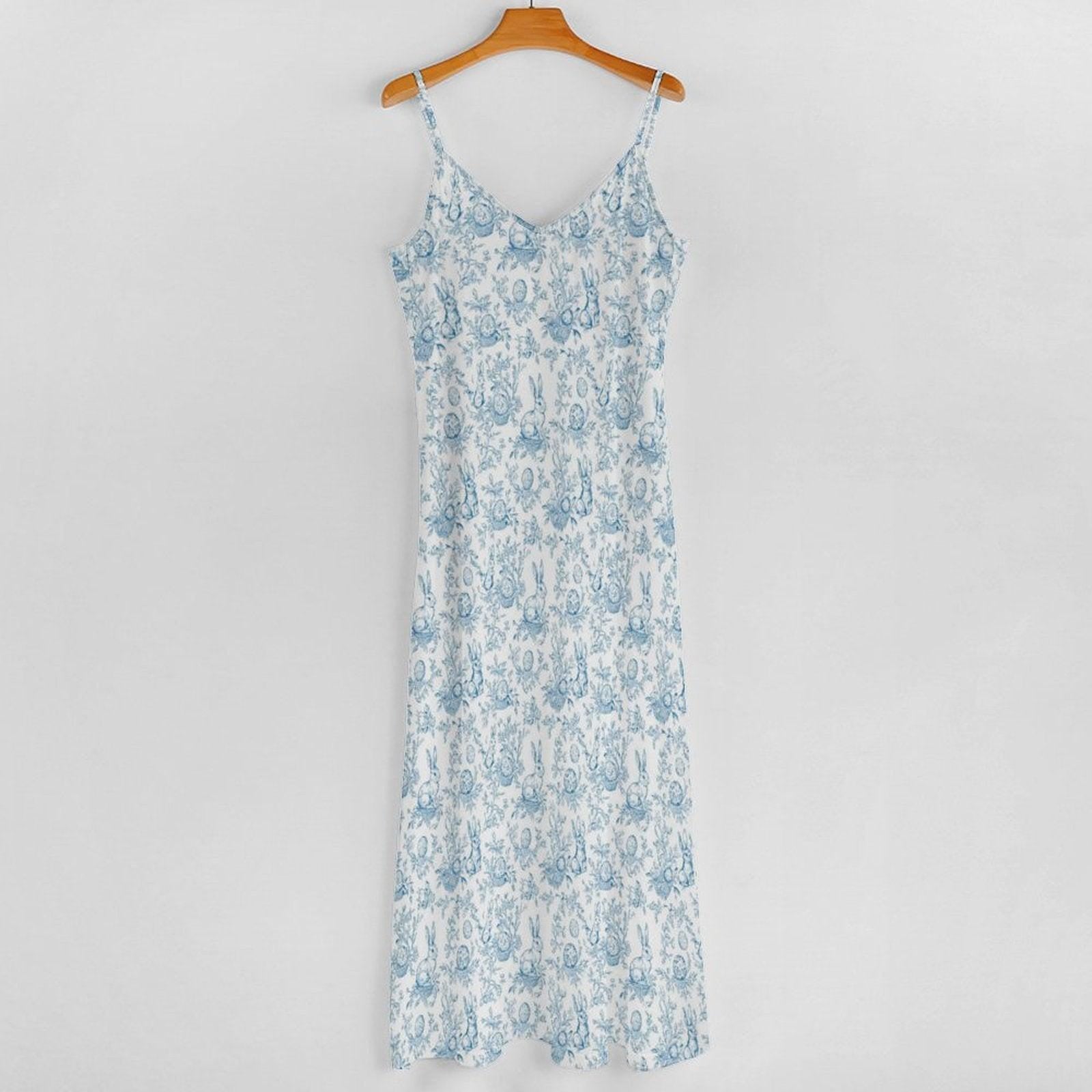Blue Toile Bunny Print Maxi Dress, Grandmillennial Easter Sundress